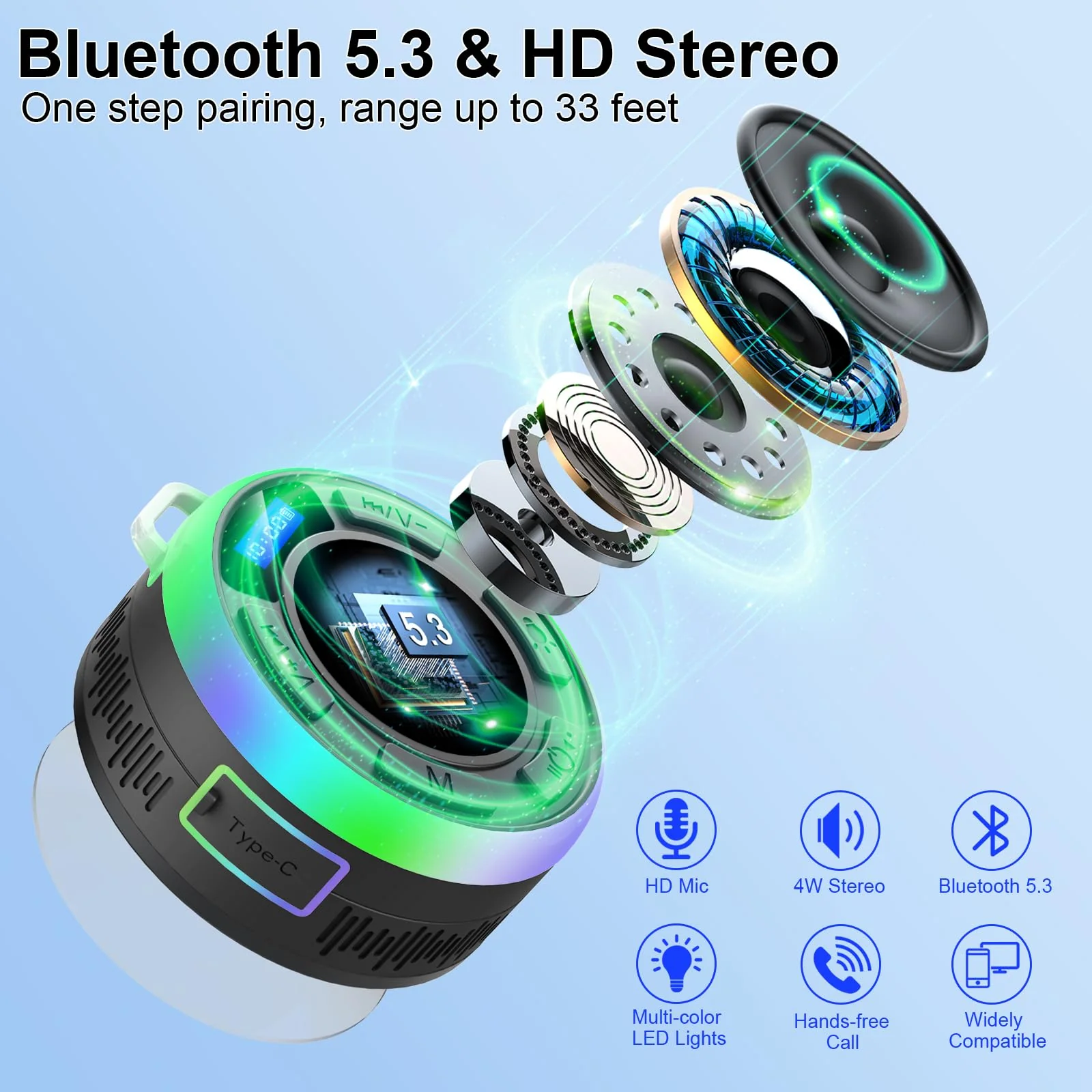 Shower Bluetooth Speaker IPX7 Waterproof, Portable Bluetooth Speakers with Suction Cup and Time Display, Crystal Sound&Bass LED Light 1100mAh, Wireless Shower Speaker for Outdoor/Kayak/ Gifts/Beach Black - Image 3