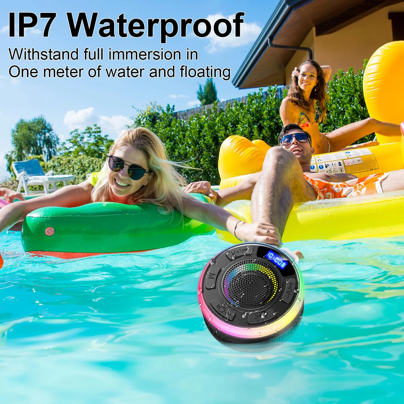 Shower Bluetooth Speaker IPX7 Waterproof, Portable Bluetooth Speakers with Suction Cup and Time Display, Crystal Sound&Bass LED Light 1100mAh, Wireless Shower Speaker for Outdoor/Kayak/ Gifts/Beach Black - Image 4