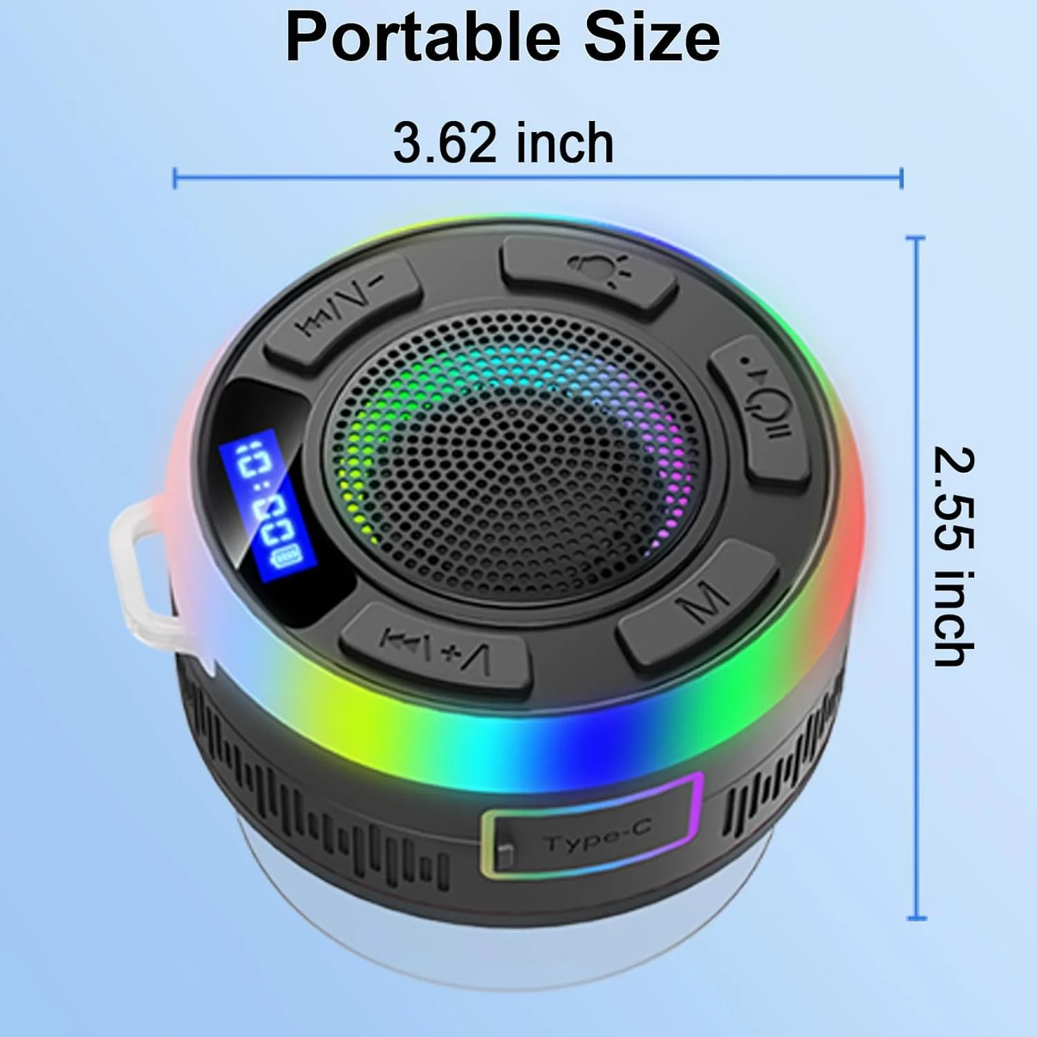 Shower Bluetooth Speaker IPX7 Waterproof, Portable Bluetooth Speakers with Suction Cup and Time Display, Crystal Sound&Bass LED Light 1100mAh, Wireless Shower Speaker for Outdoor/Kayak/ Gifts/Beach Black - Image 8