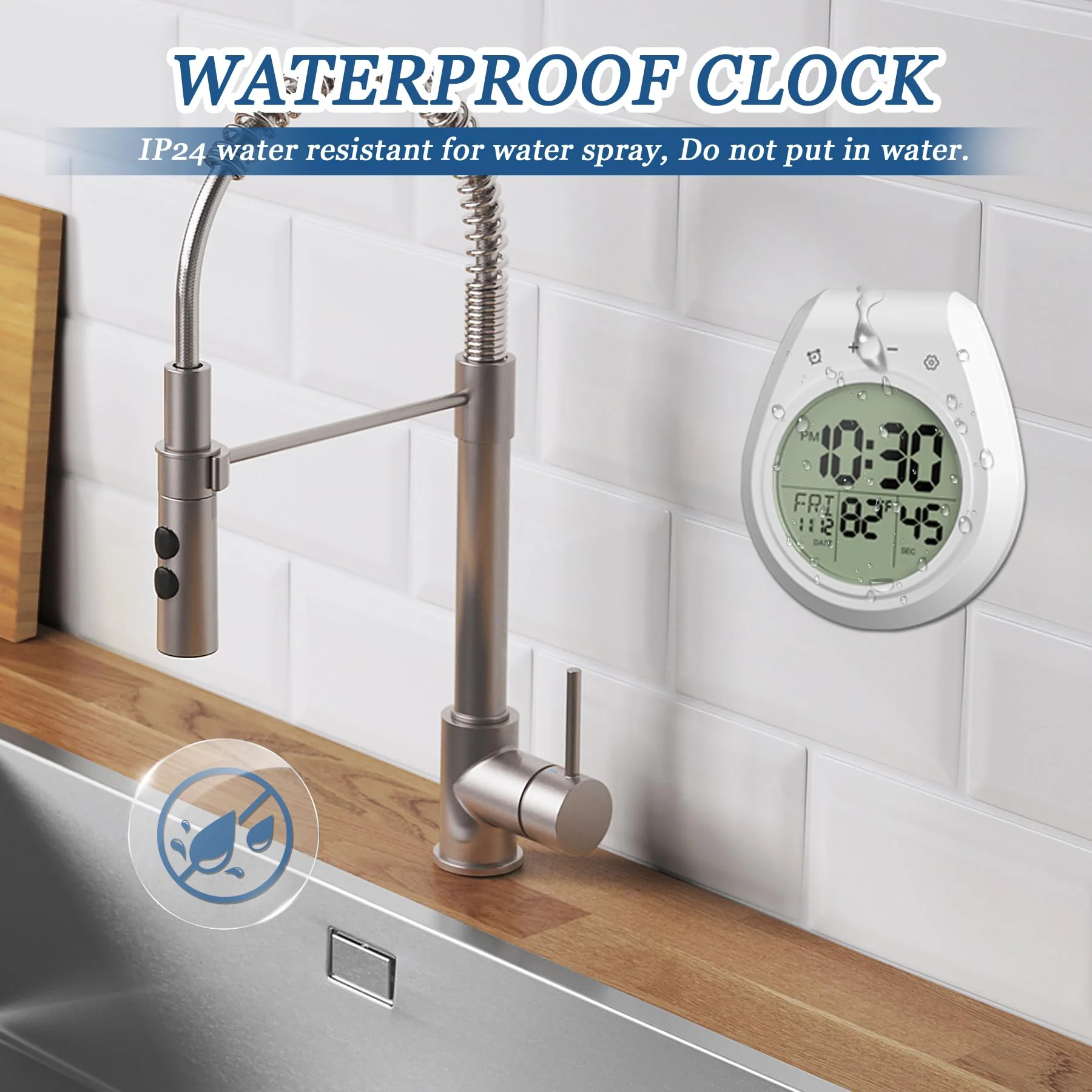 Shower Clock Waterproof Bathroom Timer, Digital Wall Clock Kitchen Clock with Countdown, Touch Screen, Temperature, Calendar, Suction Cup Hanging Hole, for Spa Cook Bath - Image 3