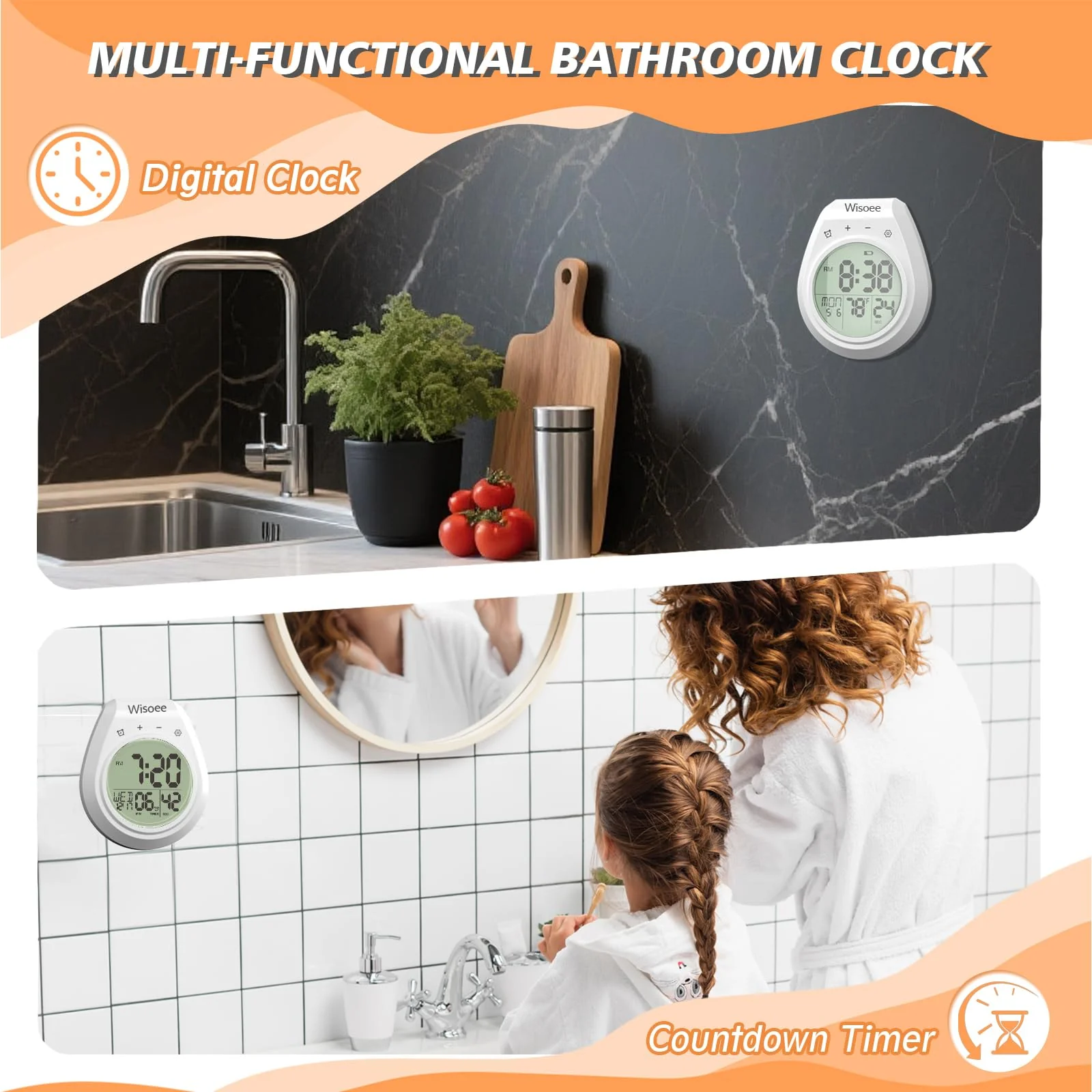 Shower Clock Waterproof Bathroom Timer, Kitchen Wall Clock with Countdown, Temperature, Suction Cup, Battery Operated Digital Clock for Bath, Cook - Image 4