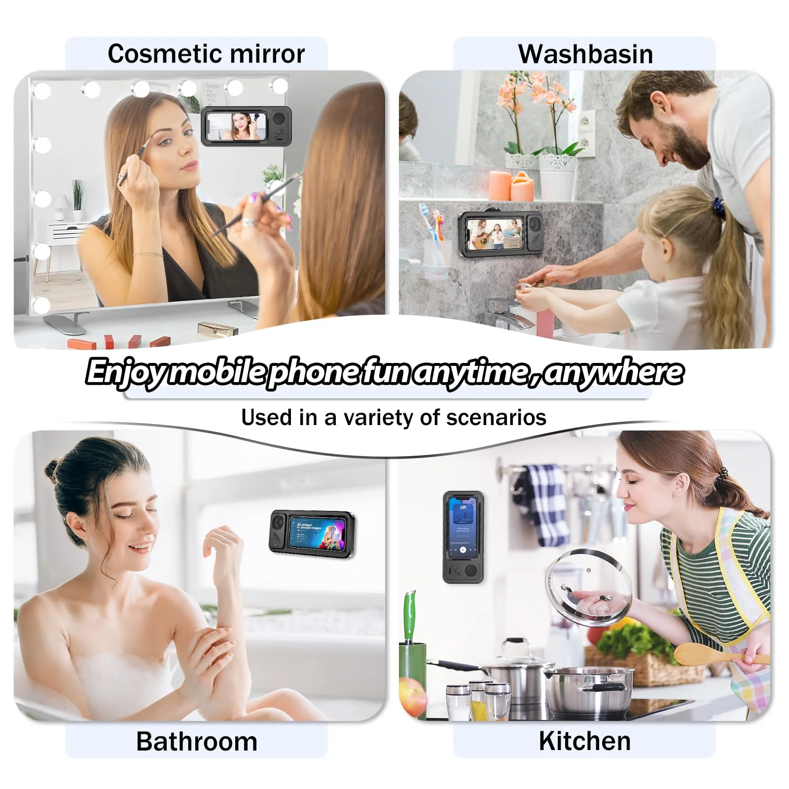 Shower Phone Holder with Wireless Bluetooth Speaker,2026 New Waterproof 480 Rotation Viewable Shower Phone Case Speaker for Any Phone, Wall Mounted Phoneholder Stand for Bathroom Mirror (Black) Black - Image 2