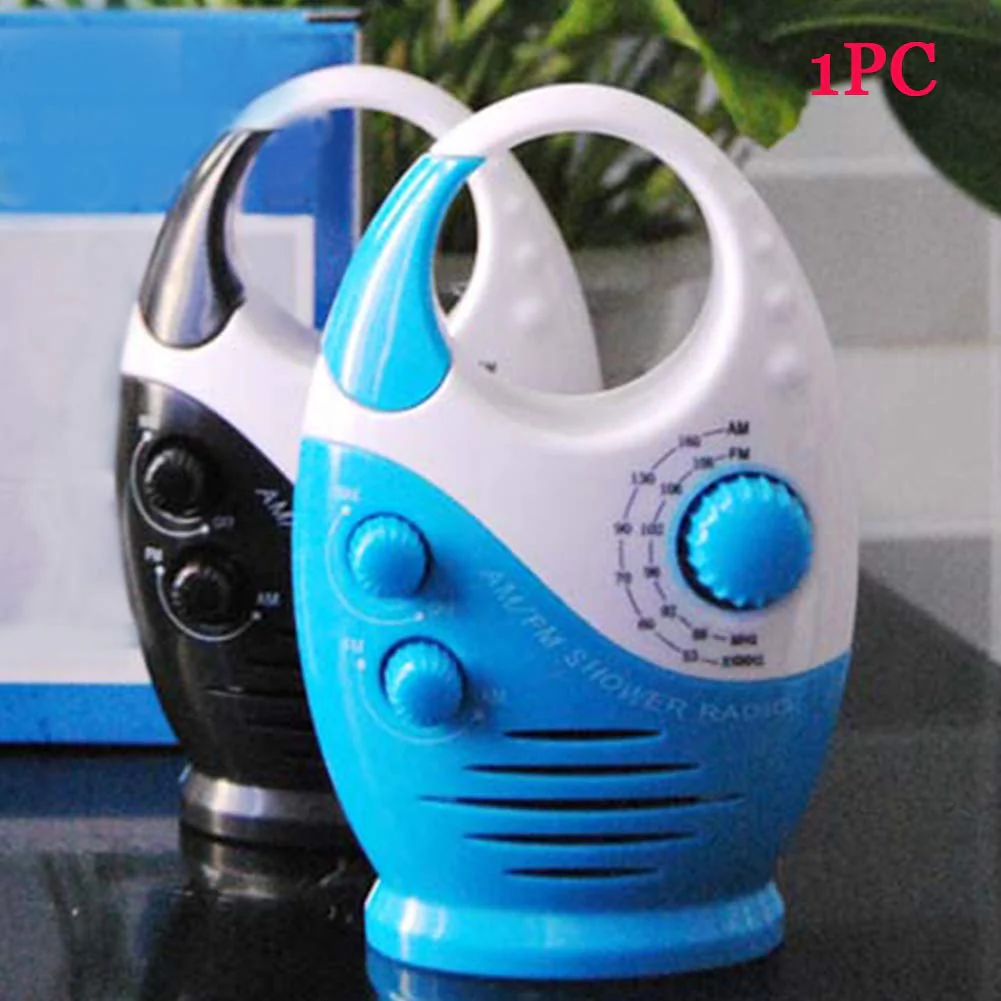 Shower Radio, 3V 0.5W Adjustable Volume Showers AM FM Button Speaker Portable Waterproof Speaker Bathroom Shower Speakers Wireless Radio with Top Handle (Color:White and Blue) White and Blue - Image 2