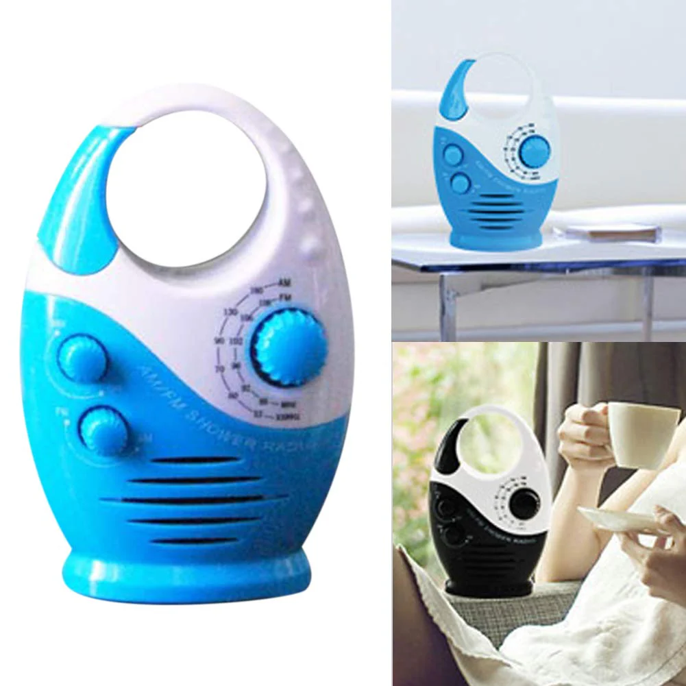 Shower Radio, 3V 0.5W Adjustable Volume Showers AM FM Button Speaker Portable Waterproof Speaker Bathroom Shower Speakers Wireless Radio with Top Handle (Color:White and Blue) White and Blue - Image 3