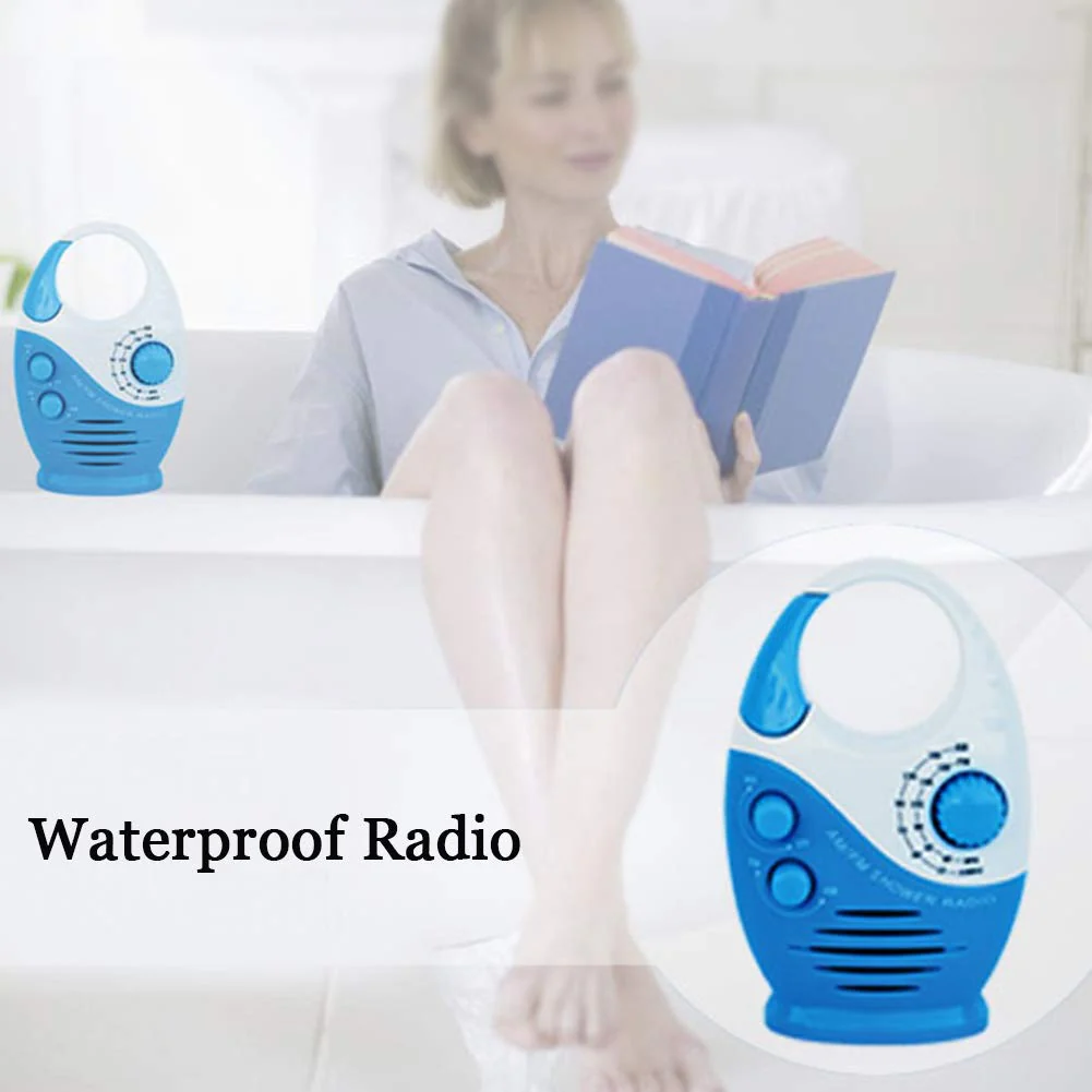Shower Radio, 3V 0.5W Adjustable Volume Showers AM FM Button Speaker Portable Waterproof Speaker Bathroom Shower Speakers Wireless Radio with Top Handle (Color:White and Blue) White and Blue - Image 5