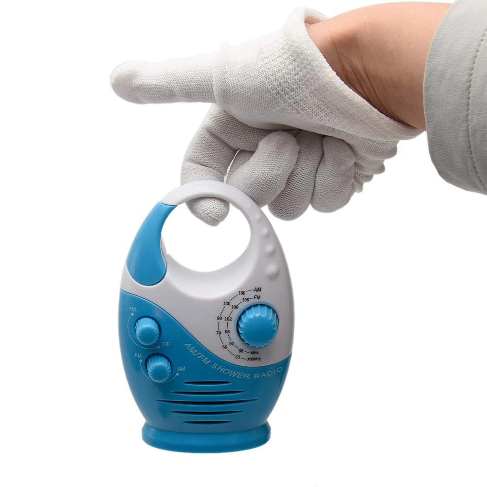 Shower Radio, 3V 0.5W Adjustable Volume Showers AM FM Button Speaker Portable Waterproof Speaker Bathroom Shower Speakers Wireless Radio with Top Handle (Color:White and Blue) White and Blue - Image 8