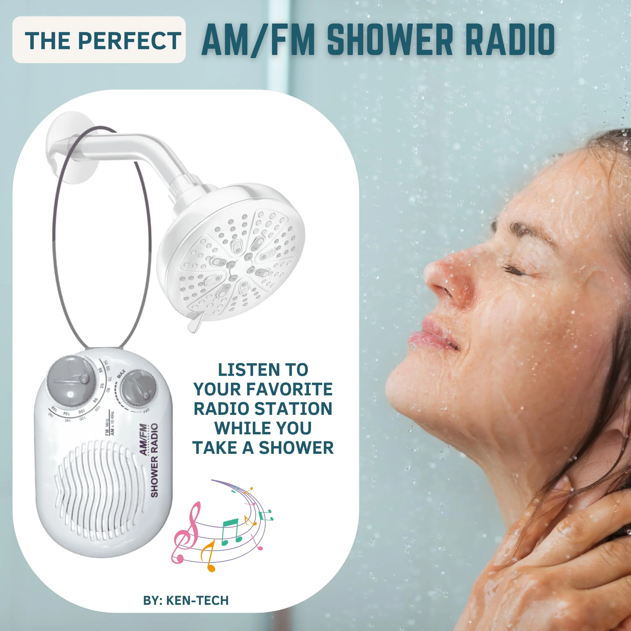 Shower Radio - Includes Carrying or Hanging Strap. Portable Design Perfect for Bathroom, Kitchen, and Outdoor. Built in Speaker, Battery Operated Radio SR - Image 2