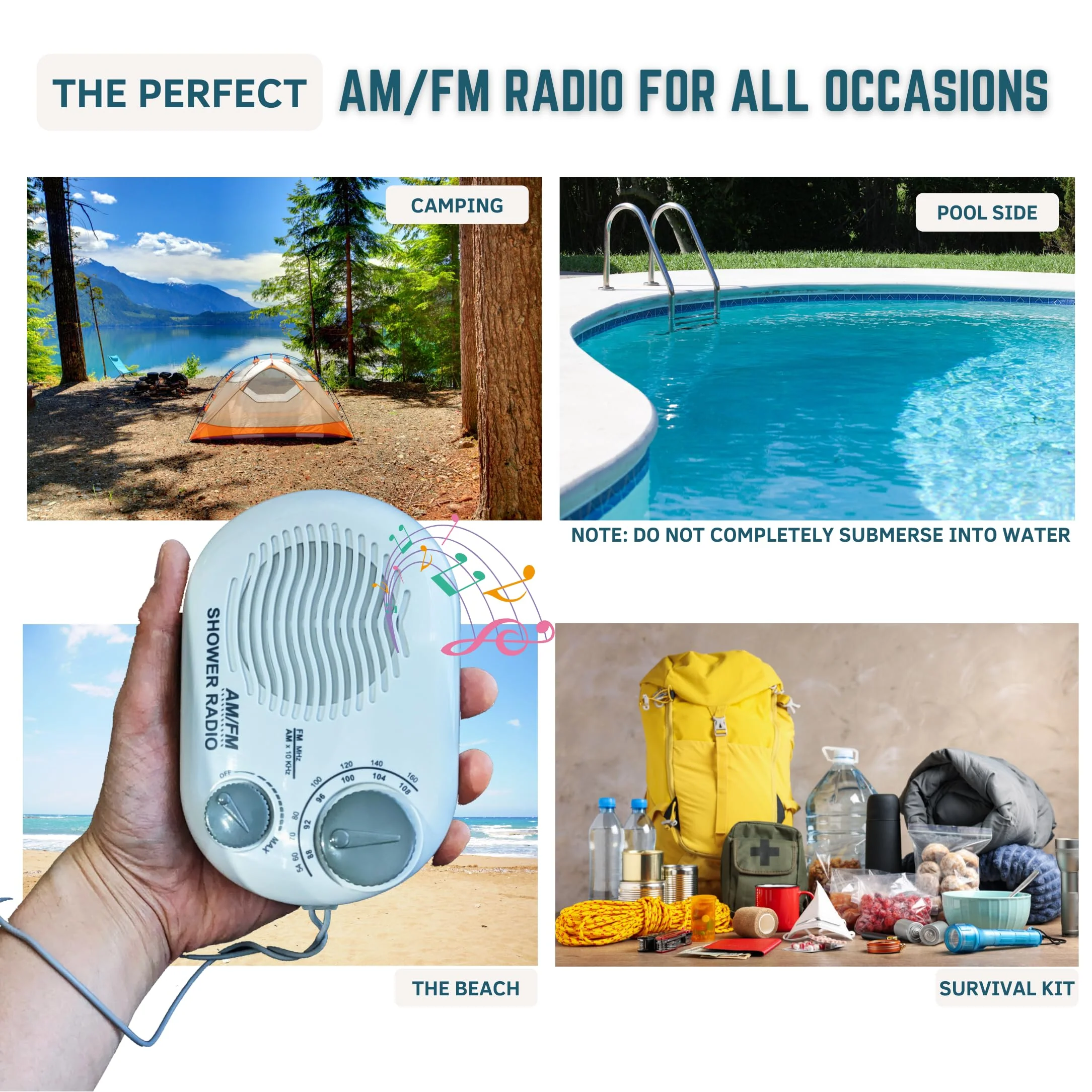 Shower Radio - Includes Carrying or Hanging Strap. Portable Design Perfect for Bathroom, Kitchen, and Outdoor. Built in Speaker, Battery Operated Radio SR - Image 3