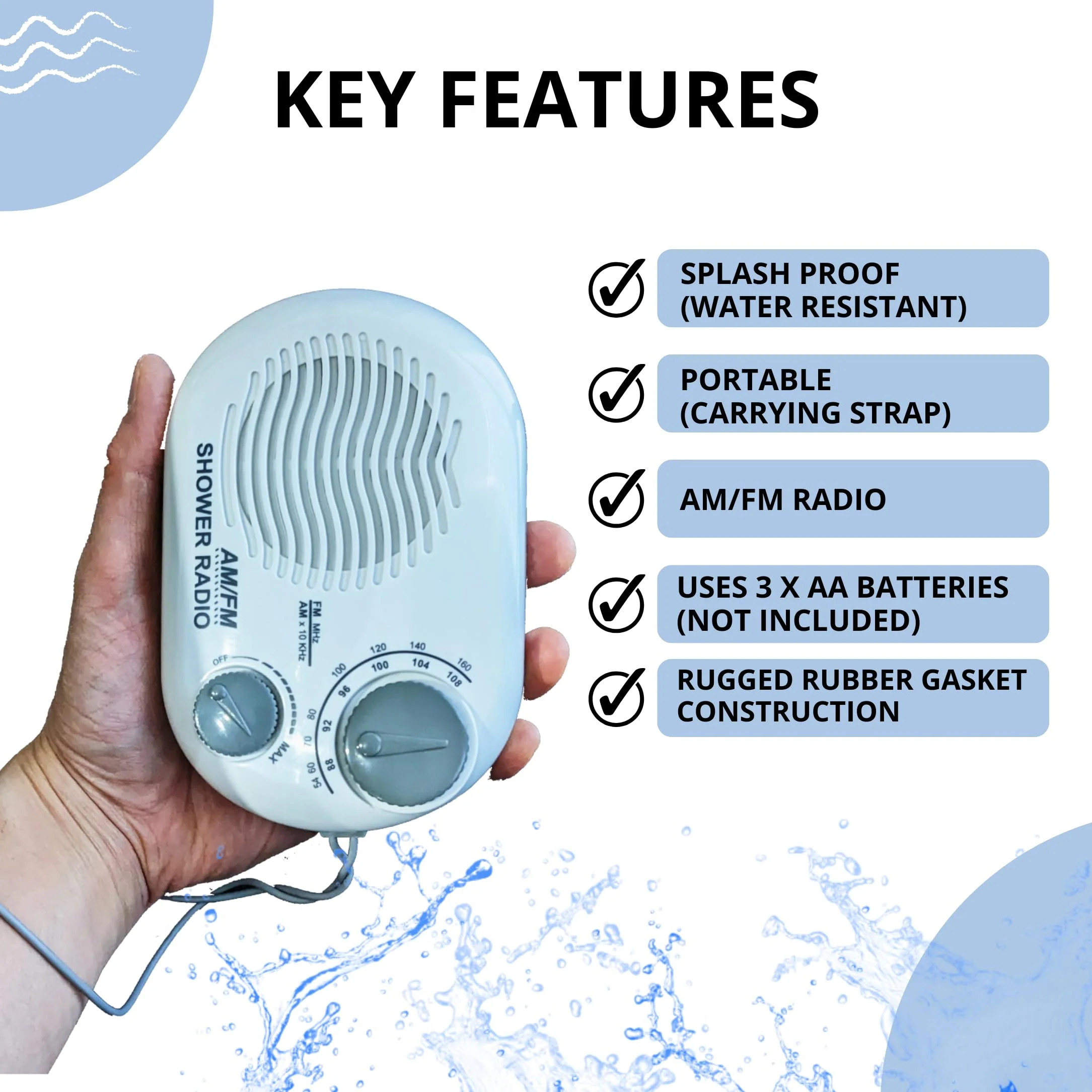 Shower Radio - Includes Carrying or Hanging Strap. Portable Design Perfect for Bathroom, Kitchen, and Outdoor. Built in Speaker, Battery Operated Radio SR - Image 5