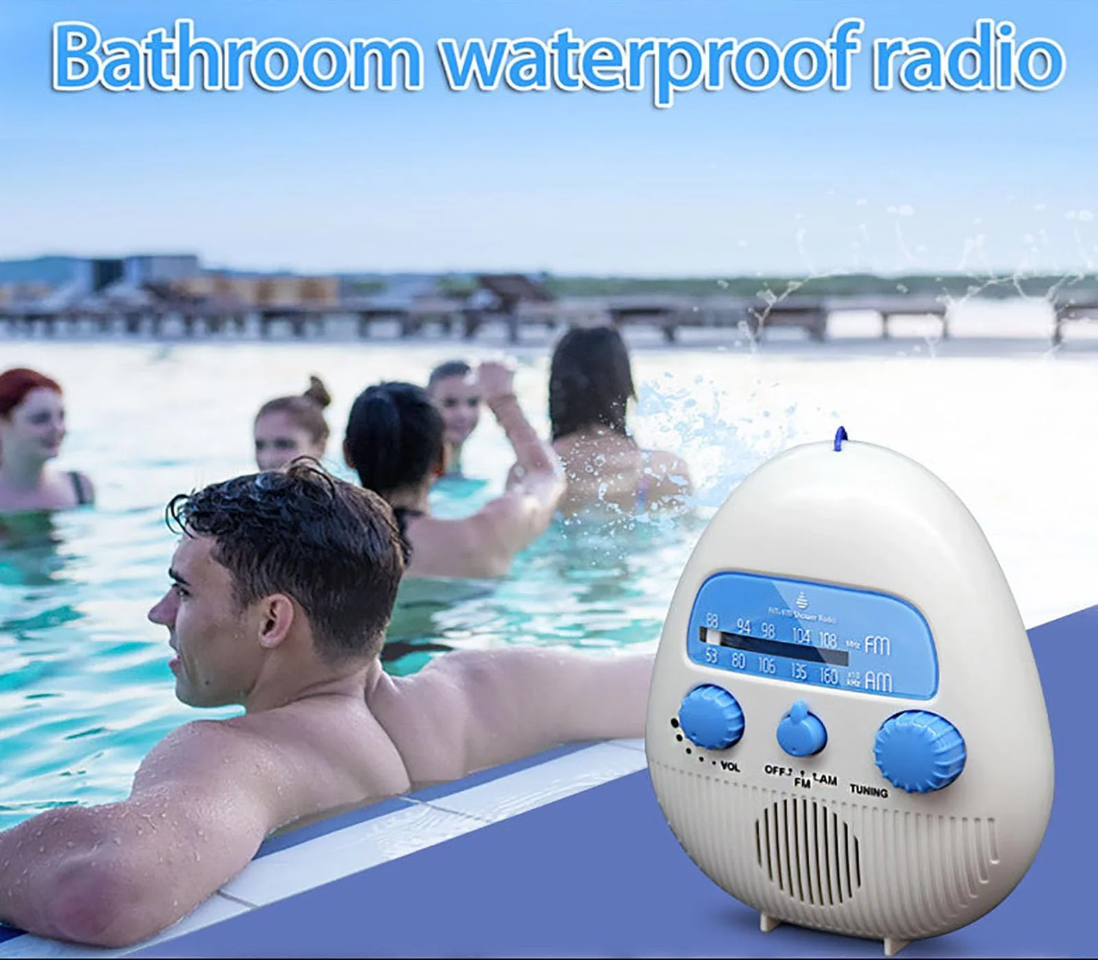 Shower Radio, Splash Proof AM FM Radio with Rotating Knob, Built in Speaker, Adjustable Volume, for Bathroom Outdoor Use - Image 2