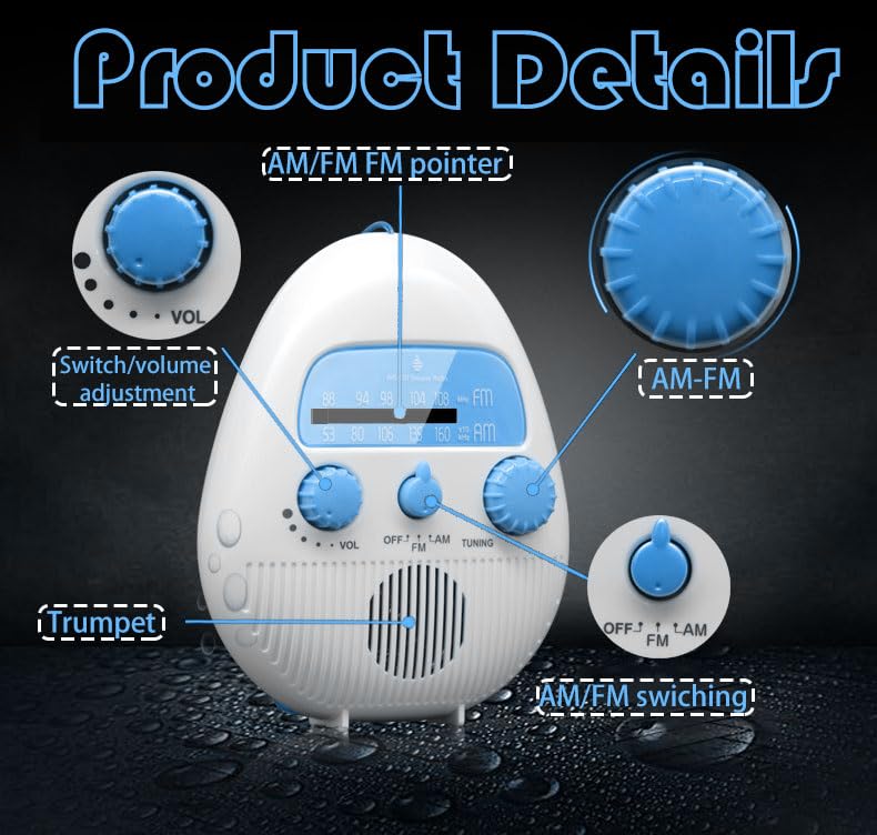 Shower Radio, Splash Proof AM FM Radio with Rotating Knob, Built in Speaker, Adjustable Volume, for Bathroom Outdoor Use - Image 3