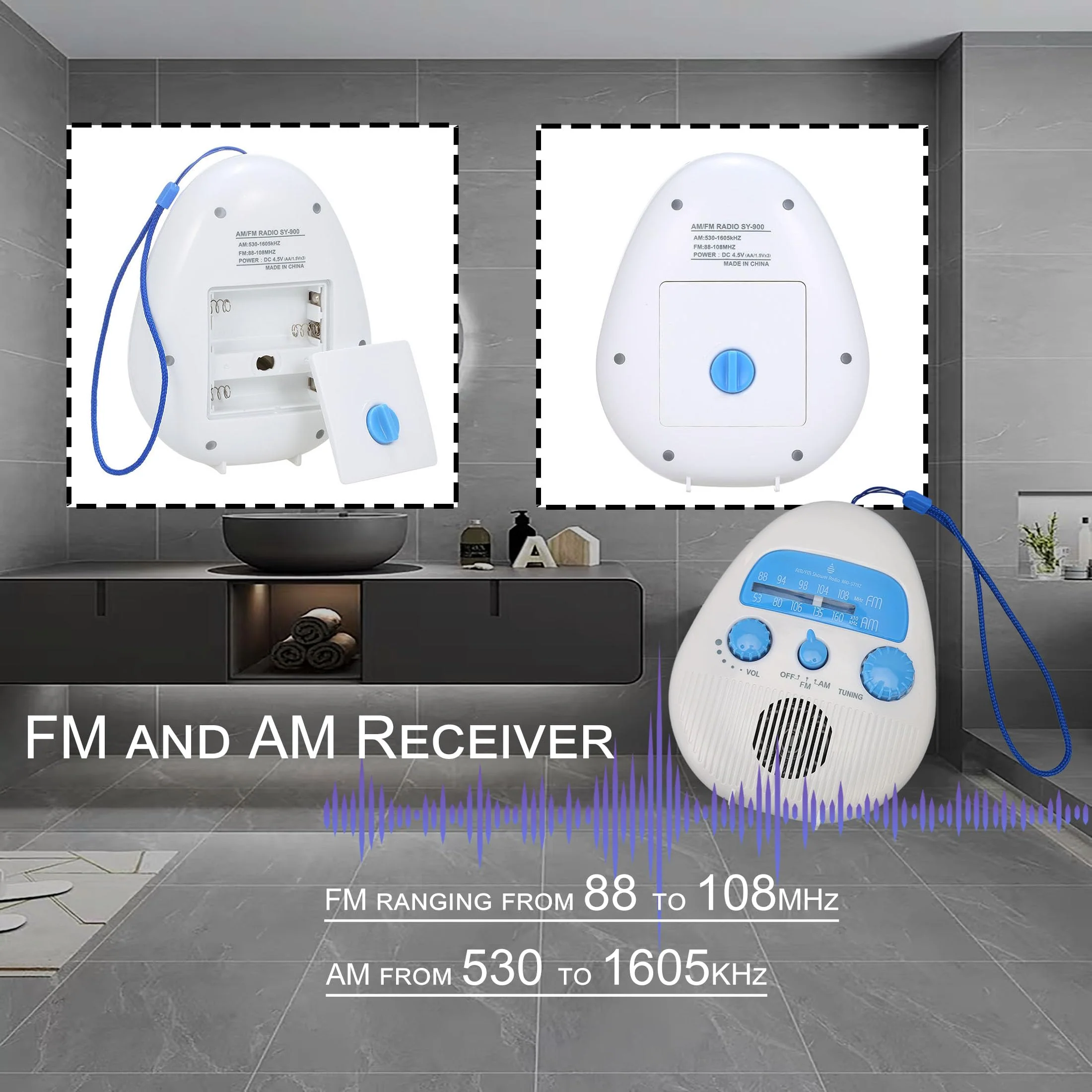 Shower Radio, Splash Proof AM FM Radio with Rotating Knob, Built in Speaker, Adjustable Volume, for Bathroom Outdoor Use - Image 7