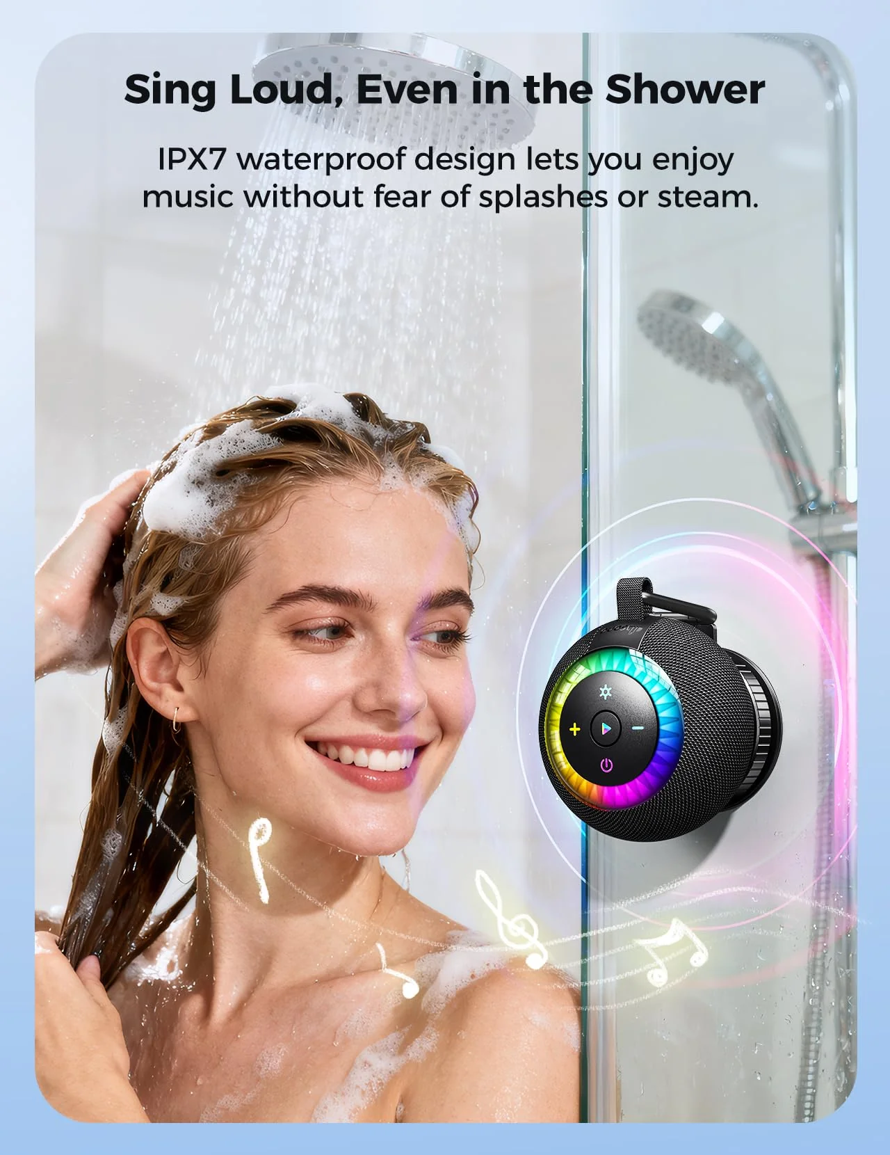Shower Speaker Bluetooth Waterproof Portable: 360° Surround Sound, IPX7 Suction Cup Removable with Vacuum Exhaust Knob, 2 IN1, RGB Lights, BT5.4, TWS, Pool/Beach/Kayak, Gifts for Adults Teens-Black black - Image 2