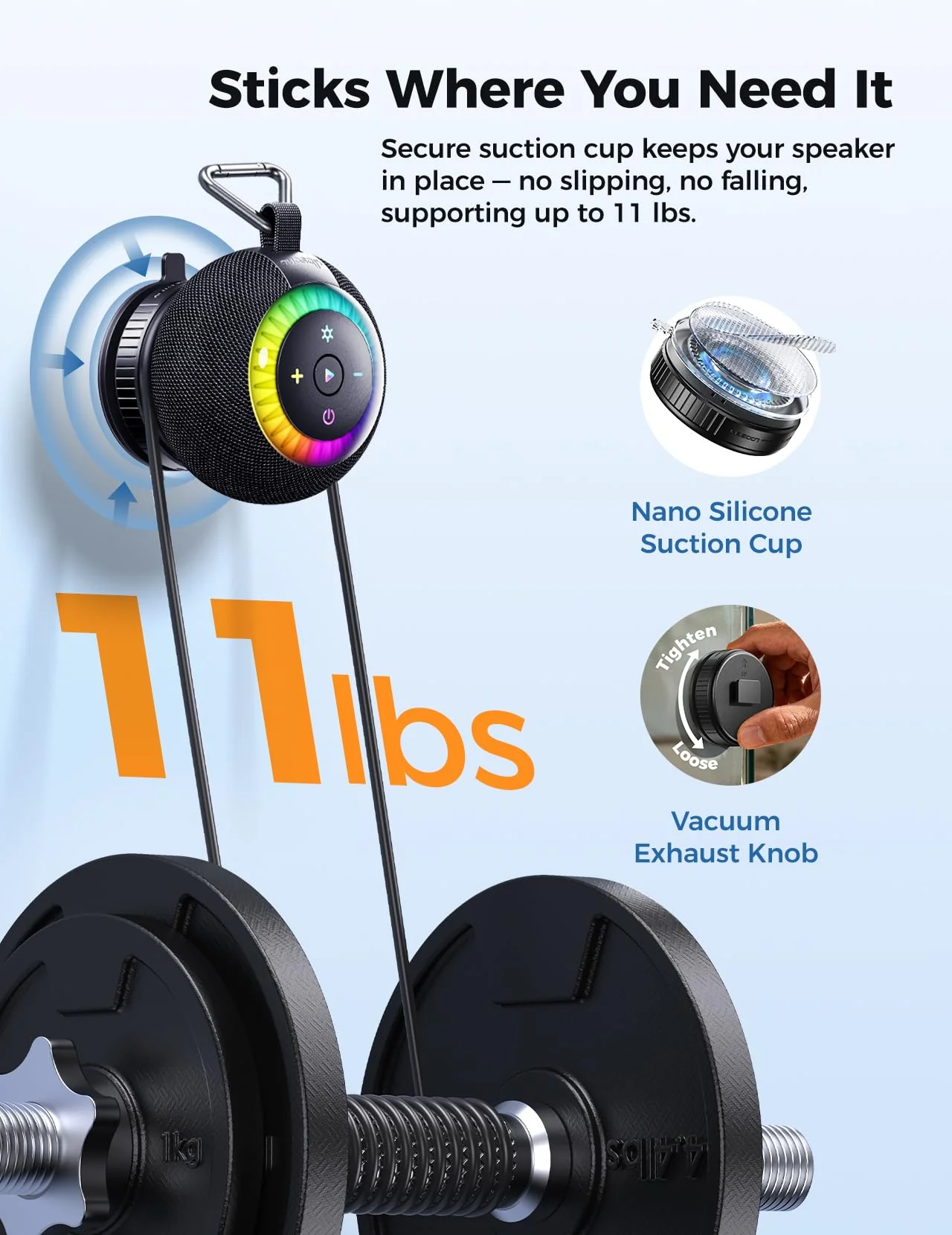 Shower Speaker Bluetooth Waterproof Portable: 360° Surround Sound, IPX7 Suction Cup Removable with Vacuum Exhaust Knob, 2 IN1, RGB Lights, BT5.4, TWS, Pool/Beach/Kayak, Gifts for Adults Teens-Black black - Image 5