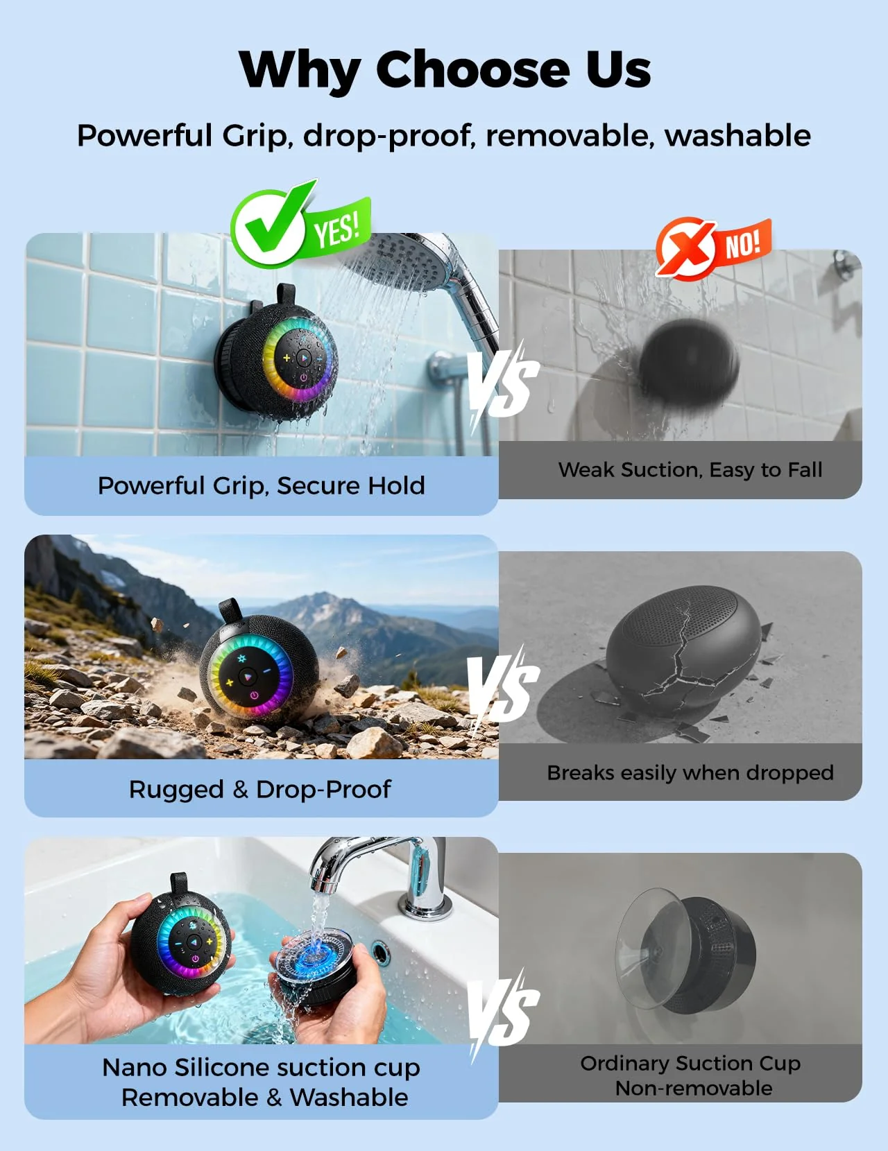 Shower Speaker Bluetooth Waterproof Portable: 360° Surround Sound, IPX7 Suction Cup Removable with Vacuum Exhaust Knob, 2 IN1, RGB Lights, BT5.4, TWS, Pool/Beach/Kayak, Gifts for Adults Teens-Black black - Image 6