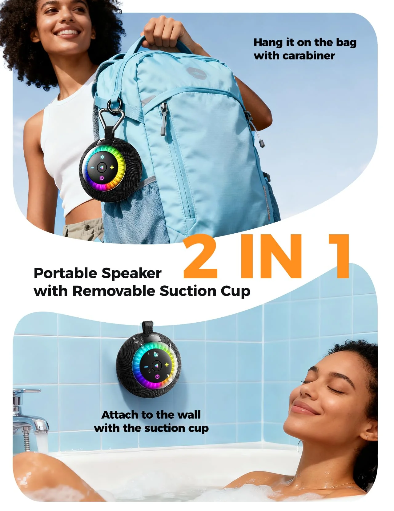Shower Speaker Bluetooth Waterproof Portable: 360° Surround Sound, IPX7 Suction Cup Removable with Vacuum Exhaust Knob, 2 IN1, RGB Lights, BT5.4, TWS, Pool/Beach/Kayak, Gifts for Adults Teens-Black black - Image 7