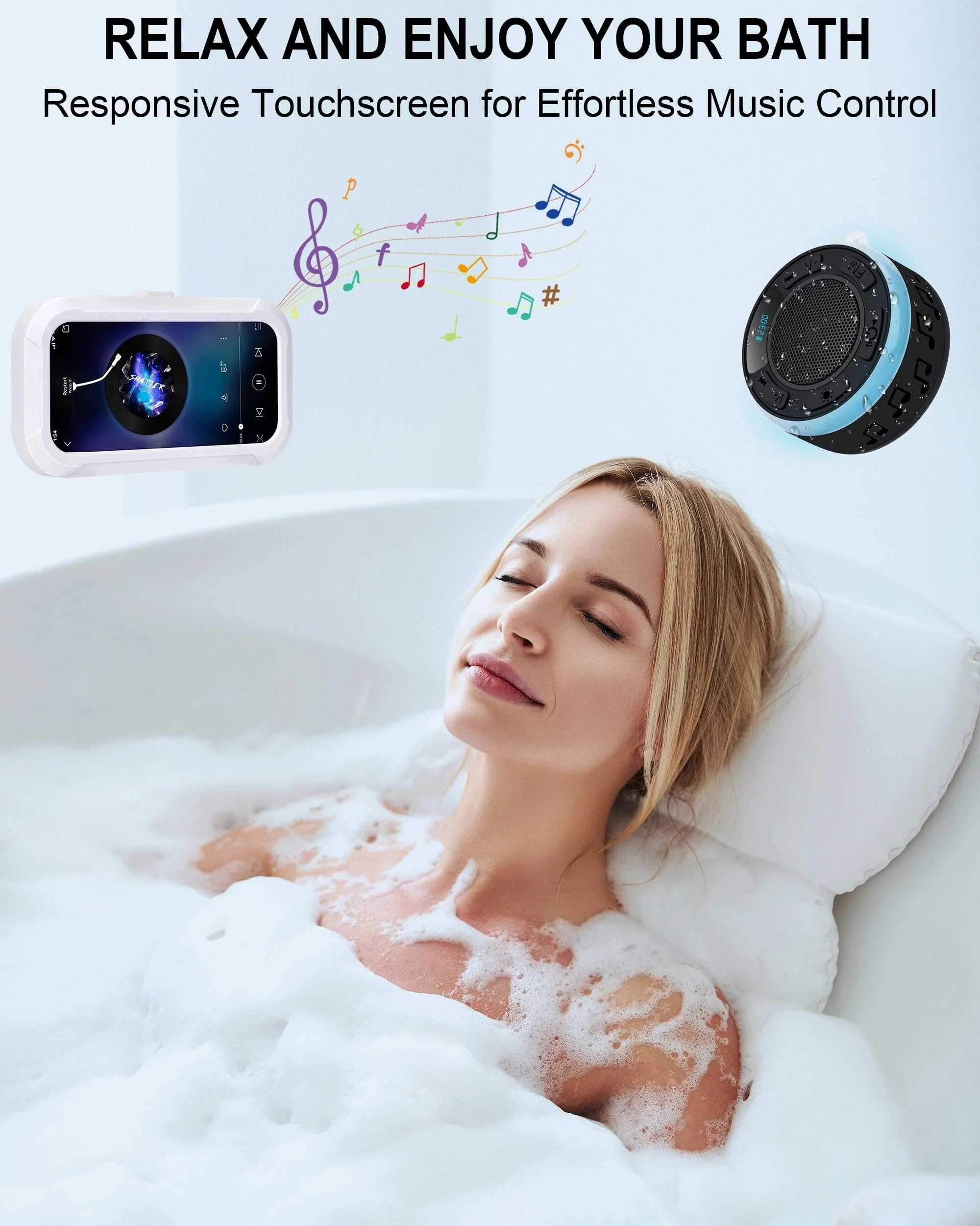 Shower Speaker Bluetooth Waterproof, Portable Wireless Bathroom Speaker with HD Sound & Deep Bass, IPX7 Waterproof Mini Speaker with Shower Phone Holder, for Shower, Pool & Travel - Image 2