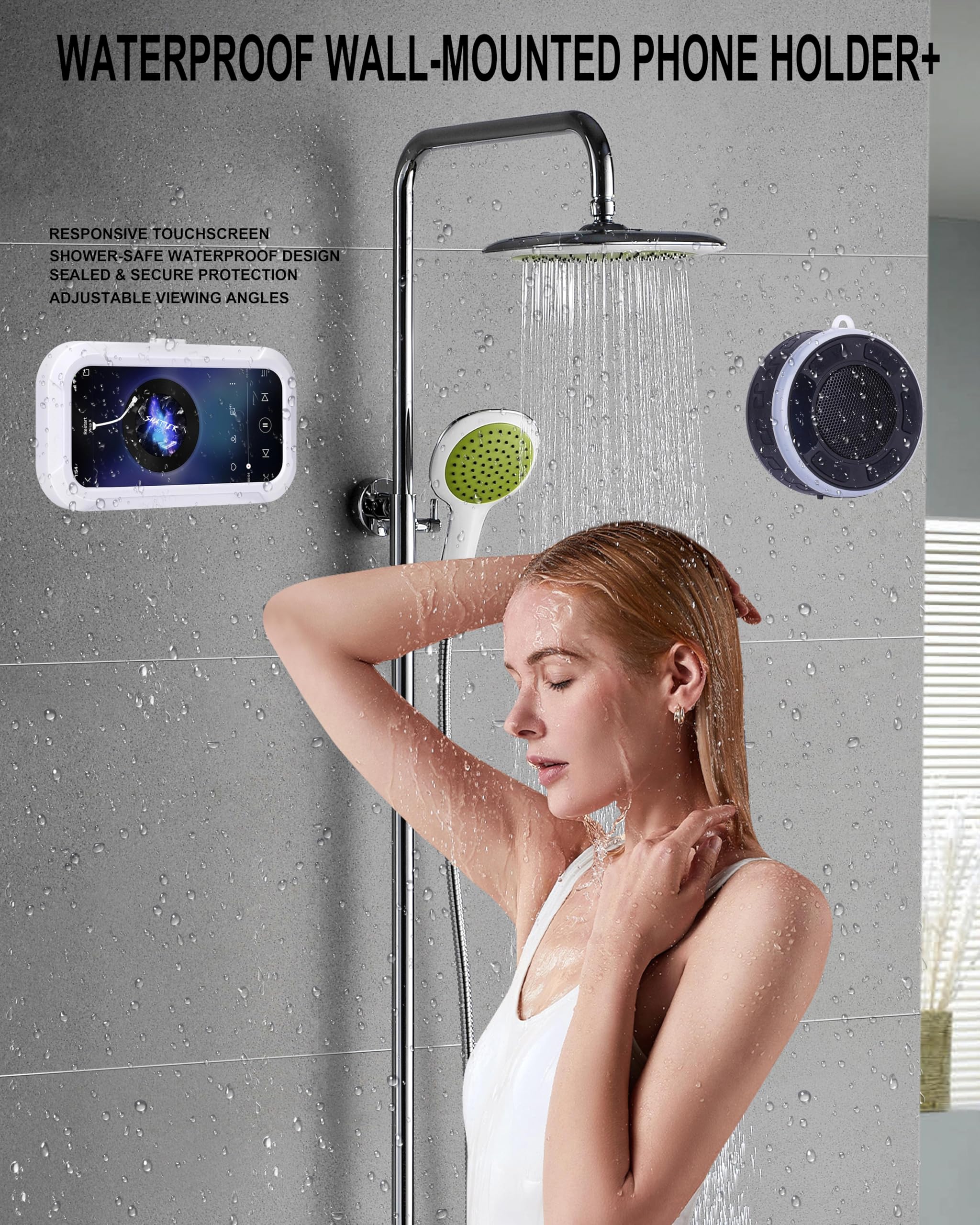 Shower Speaker Bluetooth Waterproof, Portable Wireless Bathroom Speaker with HD Sound & Deep Bass, IPX7 Waterproof Mini Speaker with Shower Phone Holder, for Shower, Pool & Travel - Image 3