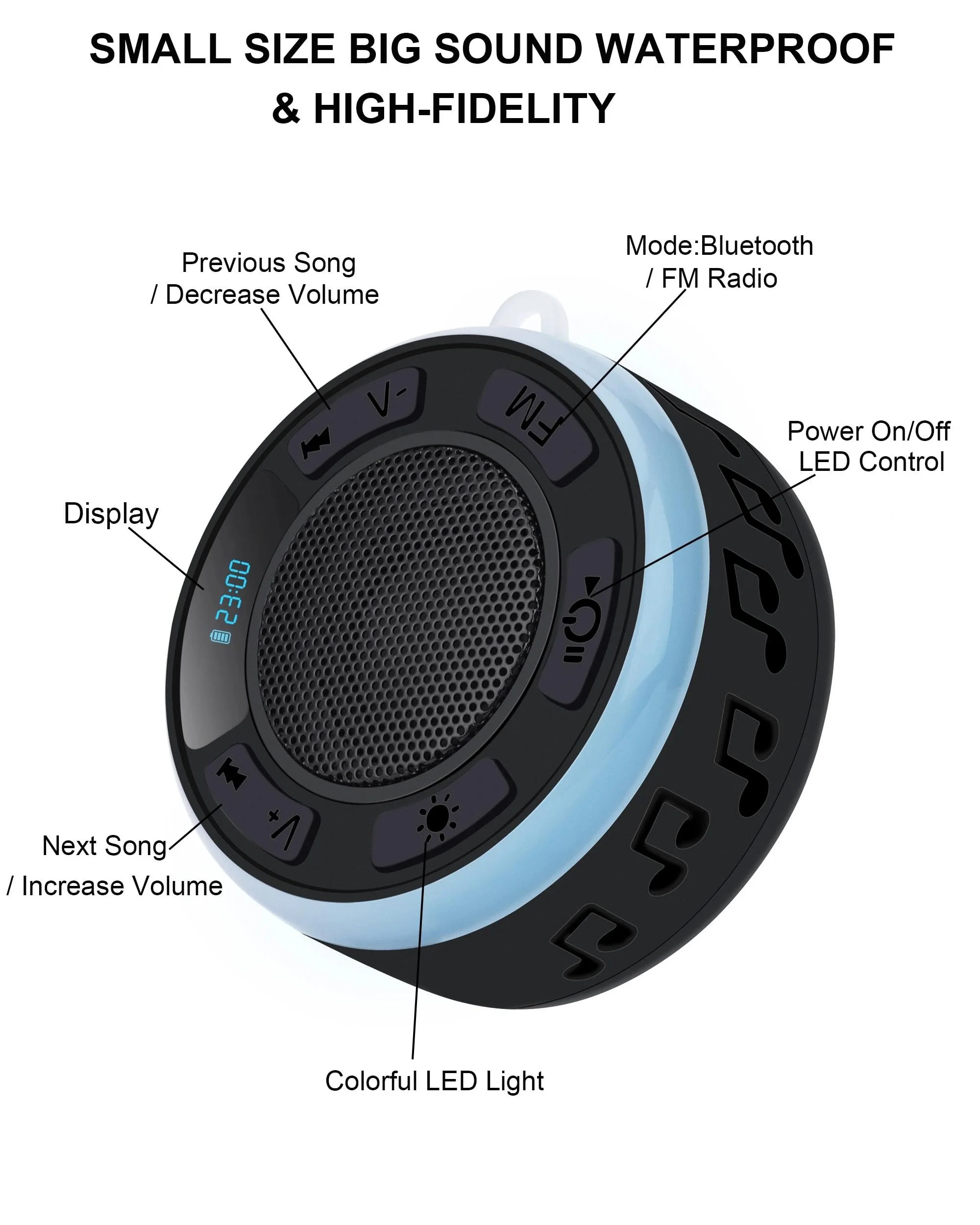 Shower Speaker Bluetooth Waterproof, Portable Wireless Bathroom Speaker with HD Sound & Deep Bass, IPX7 Waterproof Mini Speaker with Shower Phone Holder, for Shower, Pool & Travel - Image 5