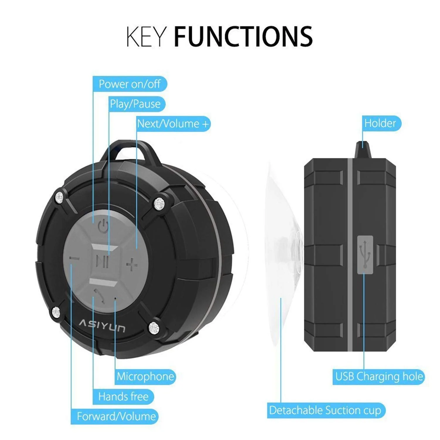 Shower Speaker, IPX7 Waterproof Bluetooth Speaker with HD Bass, Suction Cup & Durable Hook, Built-in Mic for Hands-Free Calls, Pool, Beach, Outdoor(Grey) Gray - Image 3