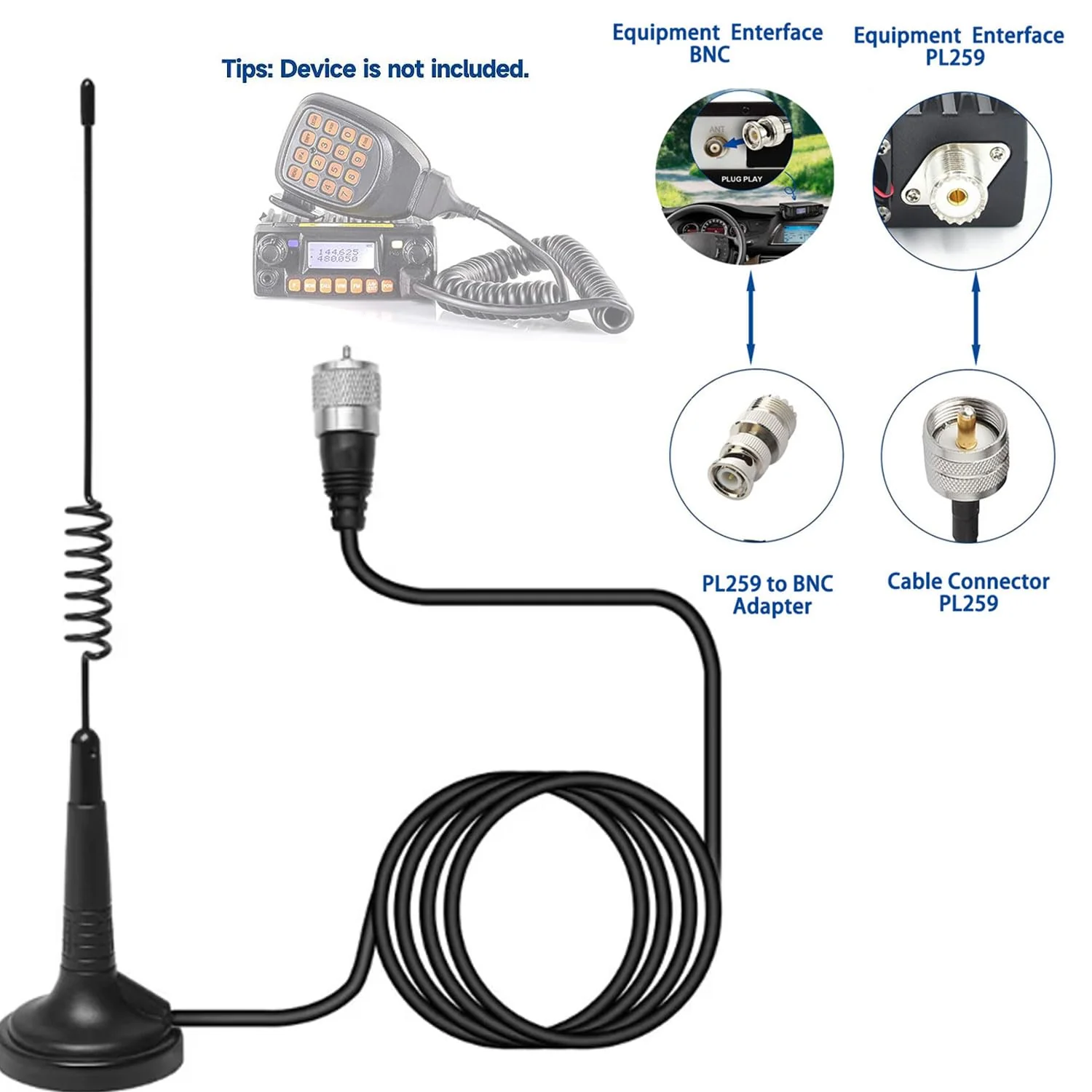 Signalplus Magnetic Mount CB Radio Antenna Kit Magnet Base Coverage 26-28MHz for Mobile Handheld CB Radio, with 4meter RG58 Cable/ PL259 & BNC Male - Image 2