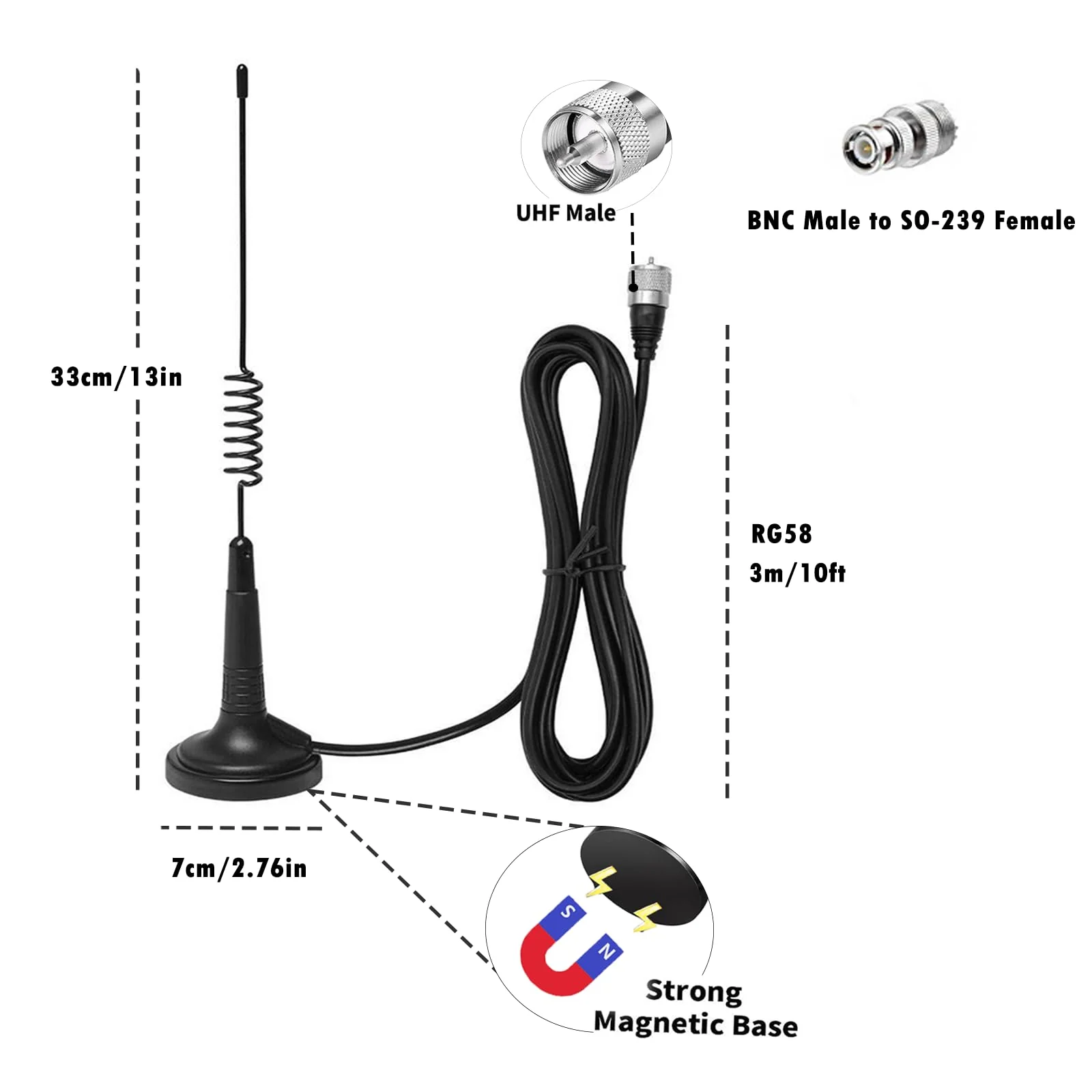 Signalplus Magnetic Mount CB Radio Antenna Kit Magnet Base Coverage 26-28MHz for Mobile Handheld CB Radio, with 4meter RG58 Cable/ PL259 & BNC Male - Image 4