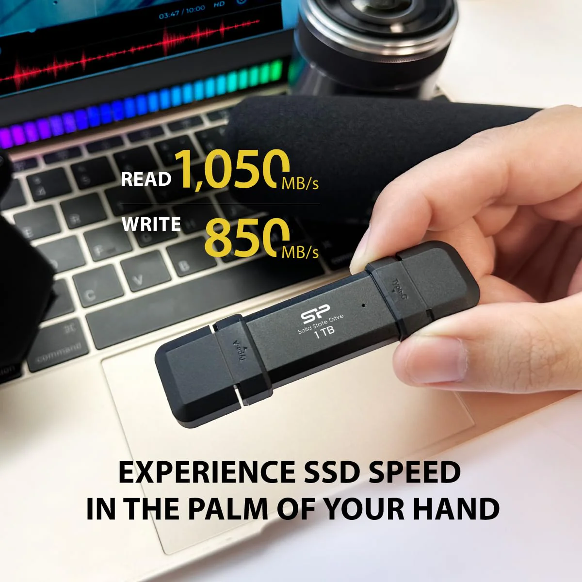 Silicon Power 500GB DS72 Portable USB 3.2 Gen 2 Type-C/Type-A SSD Solid State Drive Stick (Black) - Image 3