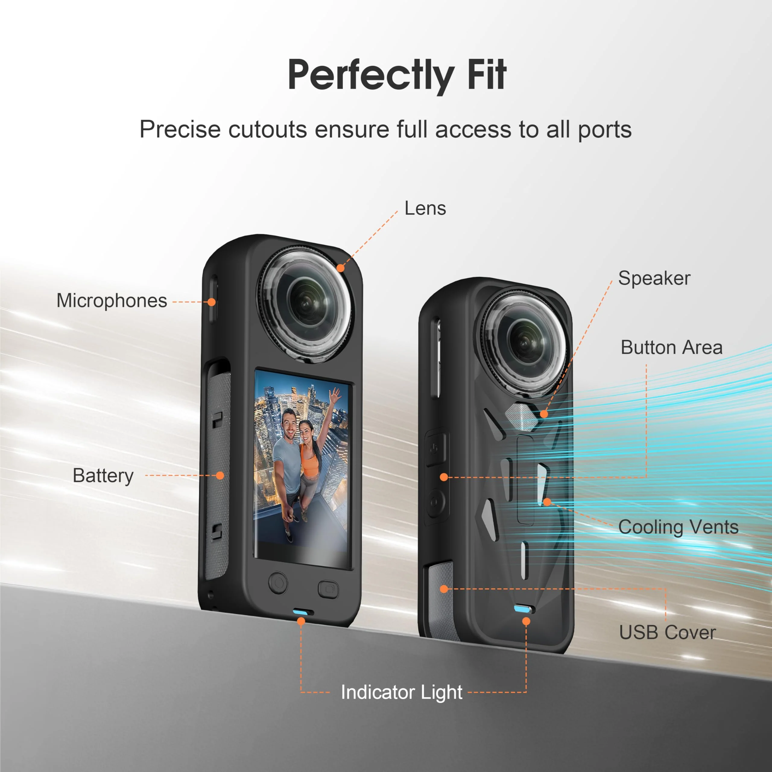 Silicone Cover Case for Insta360 X5, Soft Lens Cap Protector All-Round Protective Case for Insta 360 X5 Accessories with Wrist Strap, Shockproof, Precision Fit, Charging Port Accessible (Black) Black - Image 3