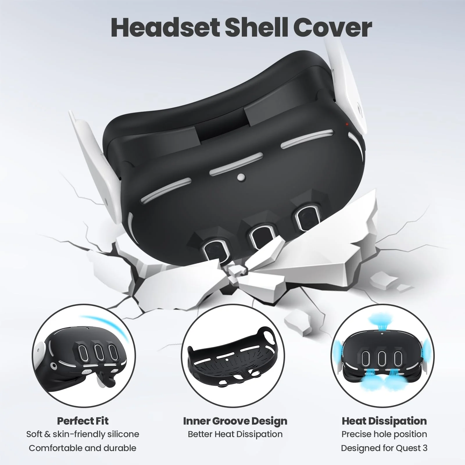 Silicone Cover Compatible with Meta/Oculus Quest 3 Accessories, VR Silicone Face Cover, VR Shell Cover,Touch Controller Grip Case,Camera Lens Protector Set (Black) Black - Image 2