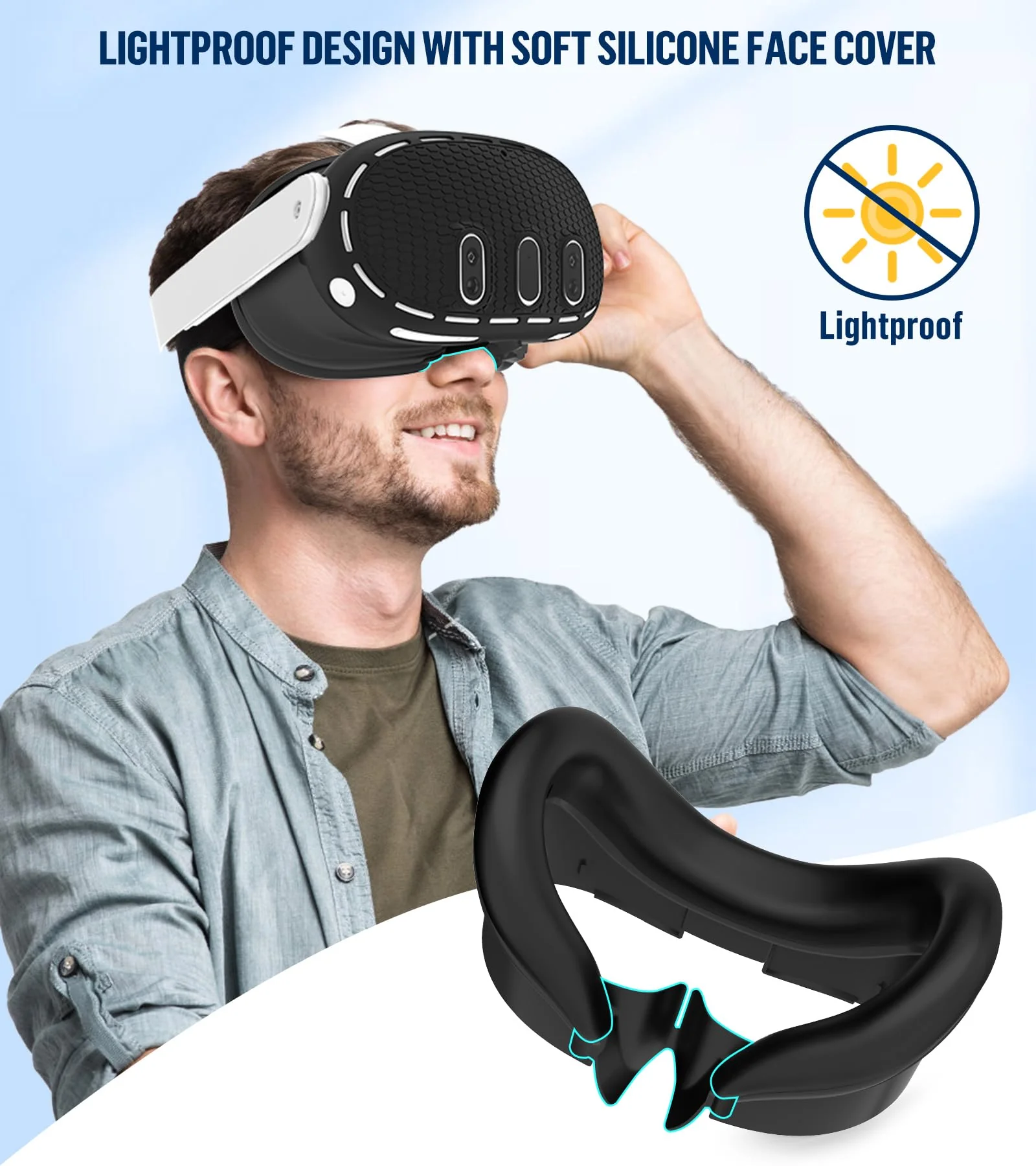 Silicone Cover Set Compatible with Oculus/Meta Quest 3 Accessories, Touch Controller Grips Cover, VR Shell Cover, Facial Interface Cover, Protective Lens Cover, Tempered Glass Lens Caps (Black) Black - Image 5