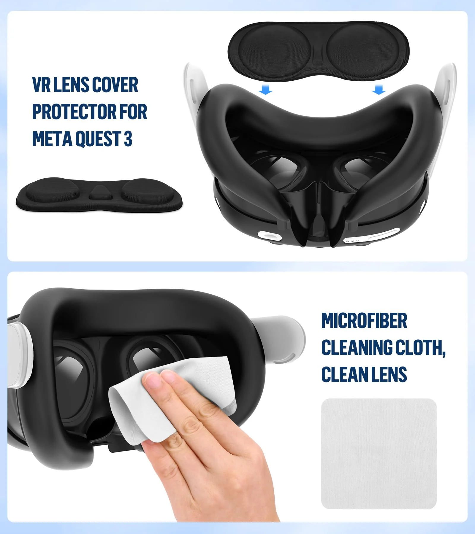 Silicone Cover Set Compatible with Oculus/Meta Quest 3 Accessories, Touch Controller Grips Cover, VR Shell Cover, Facial Interface Cover, Protective Lens Cover, Tempered Glass Lens Caps (Black) Black - Image 6