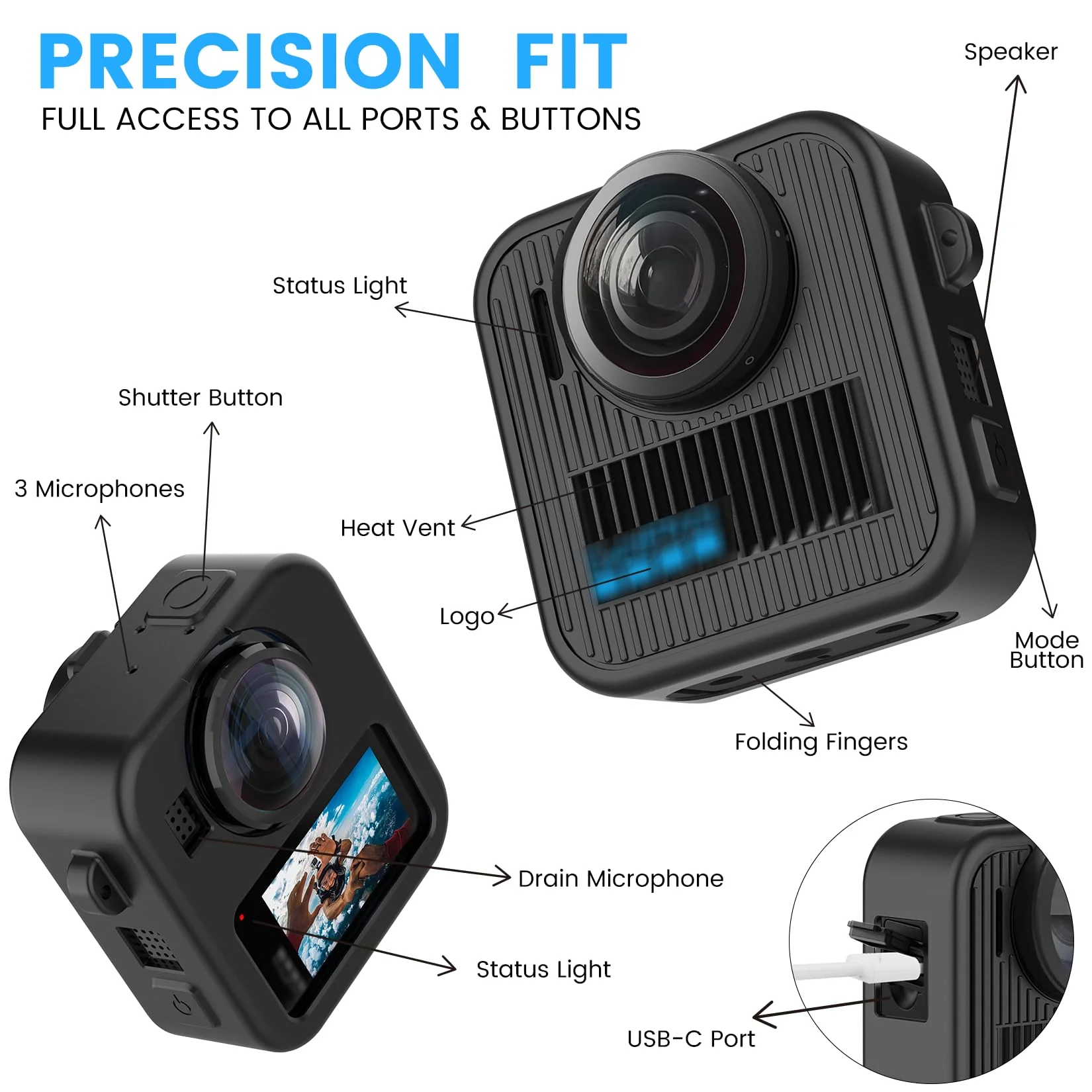 Silicone Protective Case for GoPro Max 2 with Open-Vent Design & Protective Accessories Kit - Includes 9H Tempered Glass Screen Protector, Lens Cap, Battery Cover & Adjustable Lanyard (Black) - Image 4