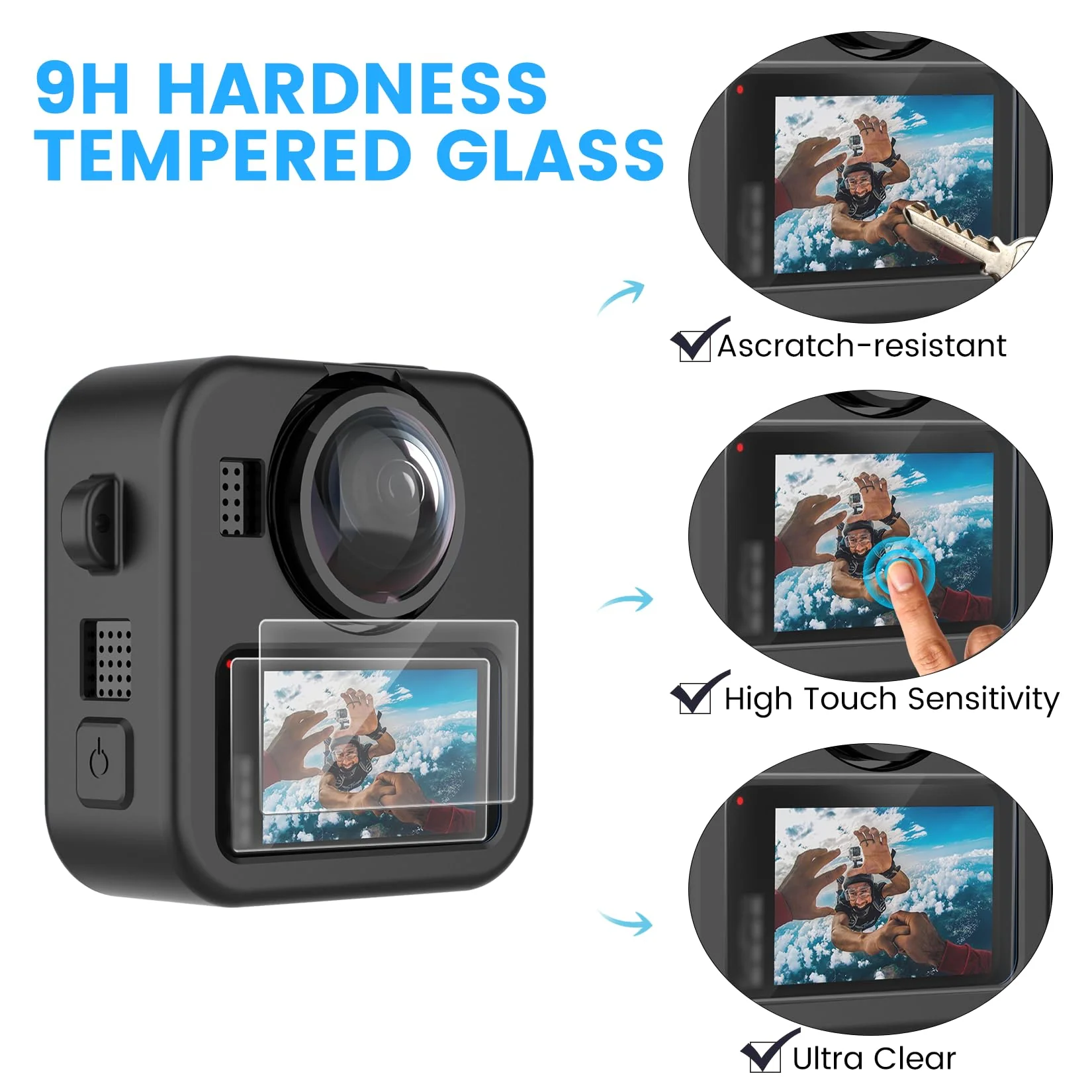 Silicone Protective Case for GoPro Max 2 with Open-Vent Design & Protective Accessories Kit - Includes 9H Tempered Glass Screen Protector, Lens Cap, Battery Cover & Adjustable Lanyard (Black) - Image 5