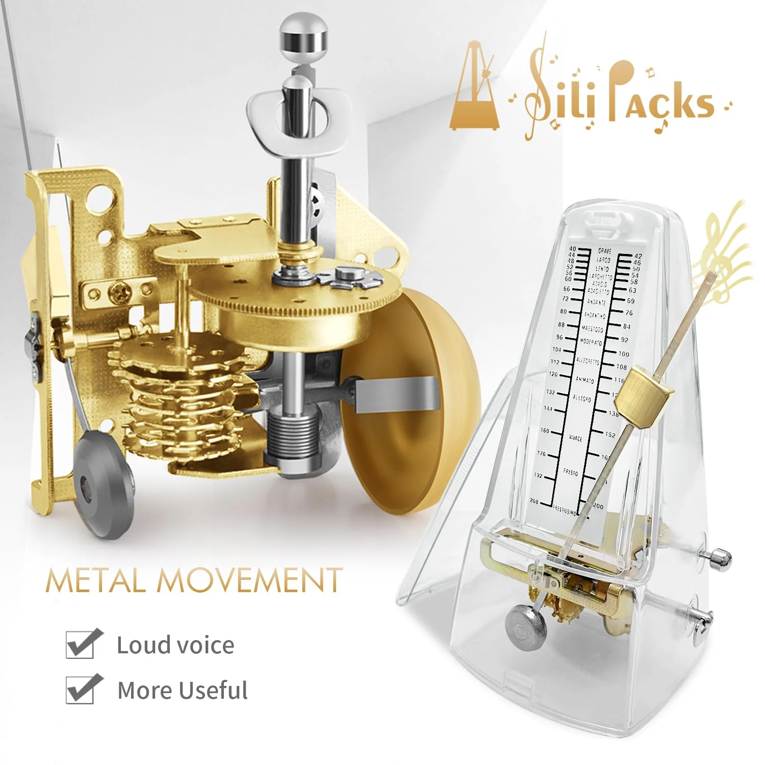 SiliPacks Mechanical Music Metronome Elegant Design Music Timer for Drums Piano Bass Violin Guitar Track Tempo and Beat Instrument (Transparent) Transparent - Image 2