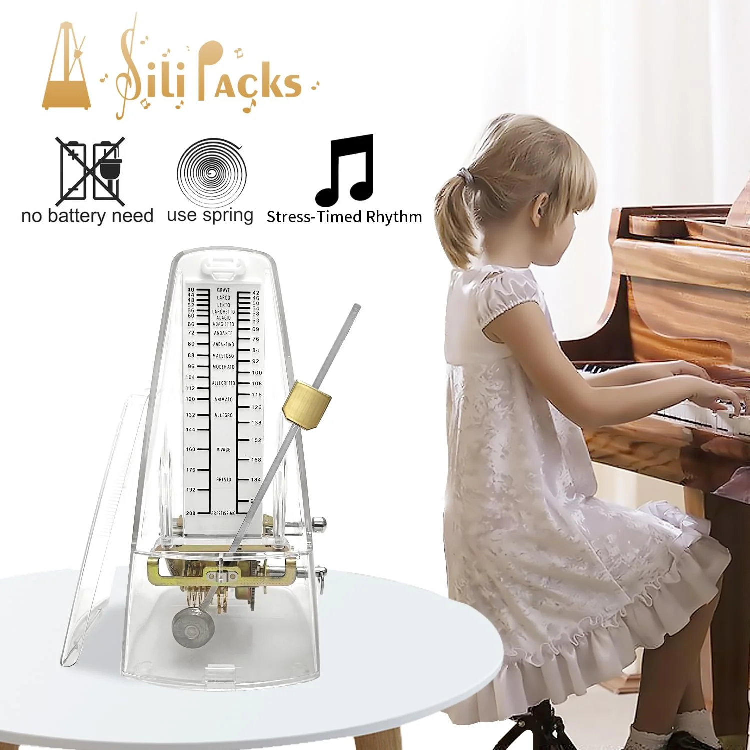 SiliPacks Mechanical Music Metronome Elegant Design Music Timer for Drums Piano Bass Violin Guitar Track Tempo and Beat Instrument (Transparent) Transparent - Image 3