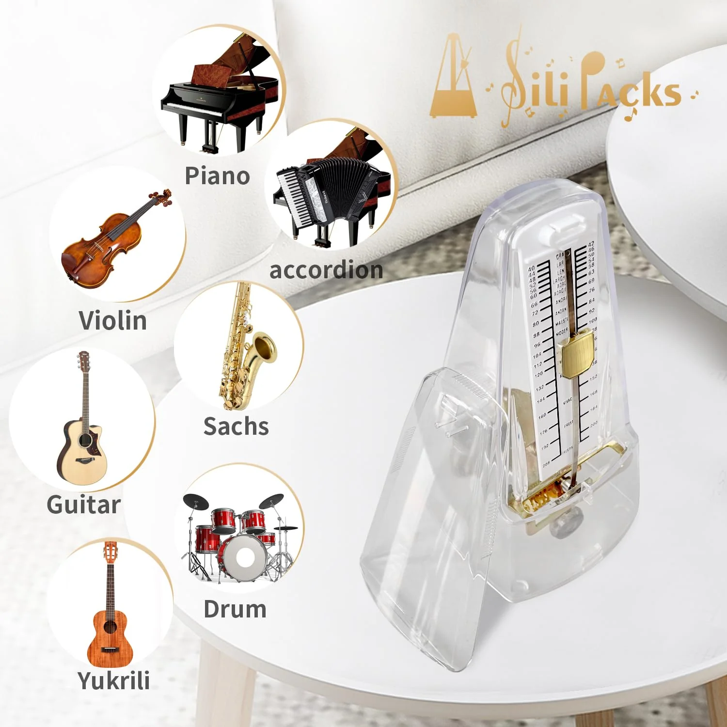 SiliPacks Mechanical Music Metronome Elegant Design Music Timer for Drums Piano Bass Violin Guitar Track Tempo and Beat Instrument (Transparent) Transparent - Image 4