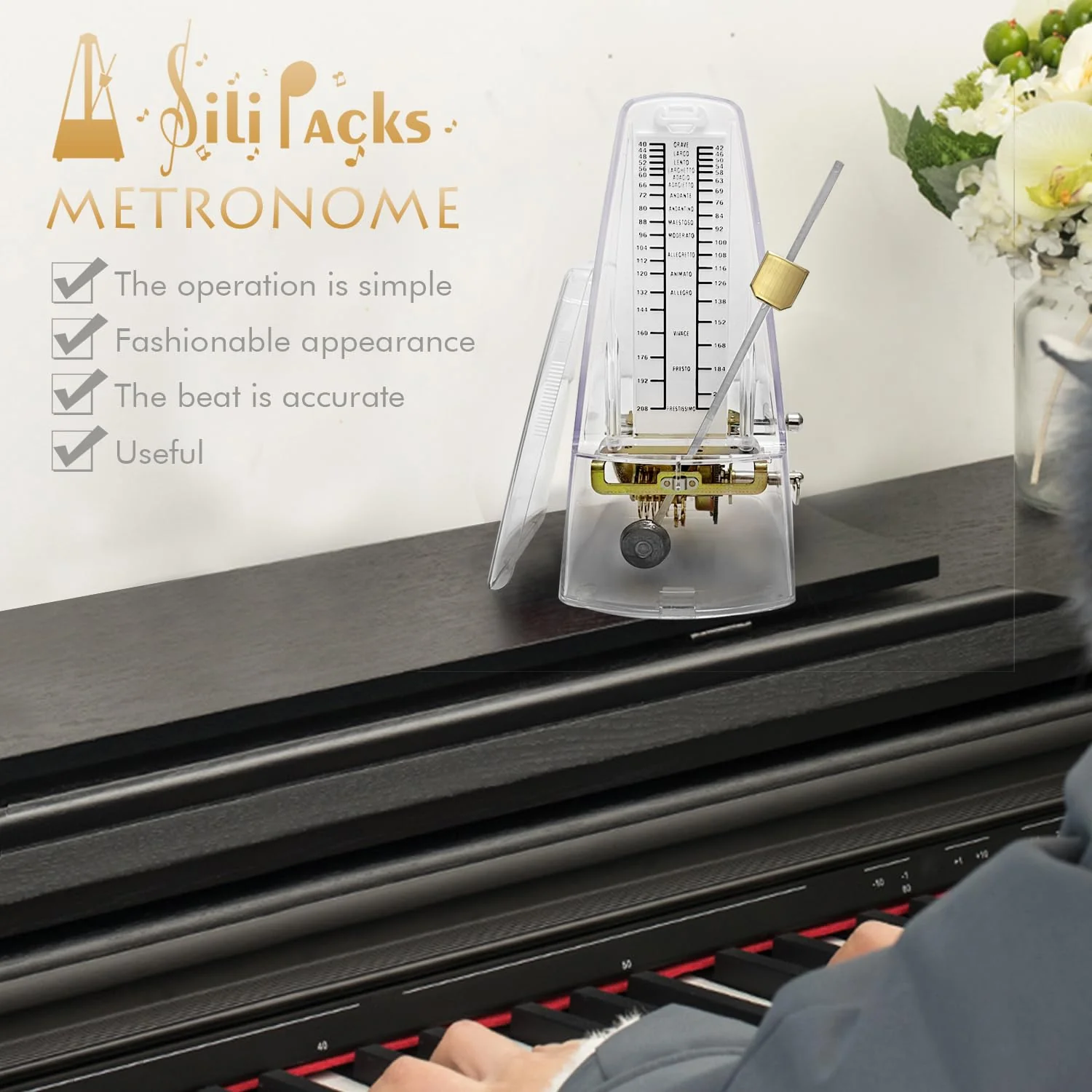 SiliPacks Mechanical Music Metronome Elegant Design Music Timer for Drums Piano Bass Violin Guitar Track Tempo and Beat Instrument (Transparent) Transparent - Image 5