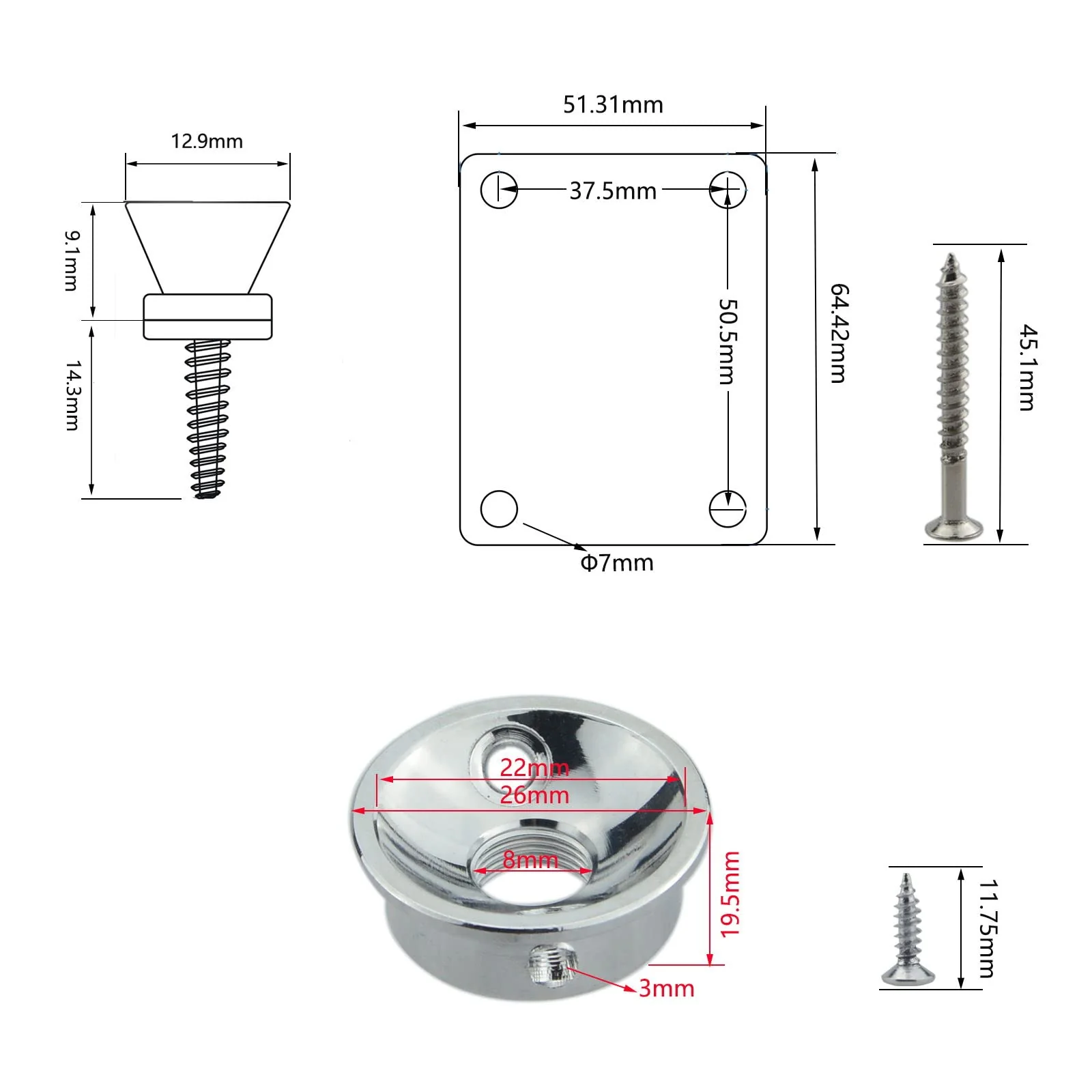 Silver Metric Thread Electric Guitar Jack plate for Fender Tele Telecaster Style Guitar,Thick Metal Guitar Neck Plate with Screws,2 PCS Guitar Strap Buttons with Strap Blocks Silver - Image 2