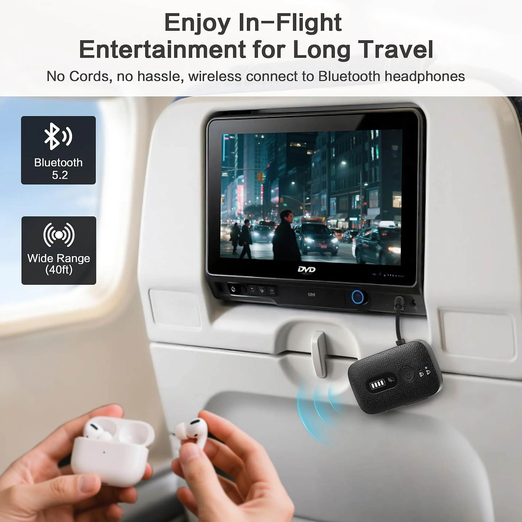 SIMOLIO Airplane-Bluetooth-Adapter for AirPods/Headphones, 20 Hr Battery, Supports 2 Earbuds/Wireless Headphones, 3.5mm AUX Wireless Audio Transmitter for TV, Gym Equipment, Controller, MP3 Player - Image 2