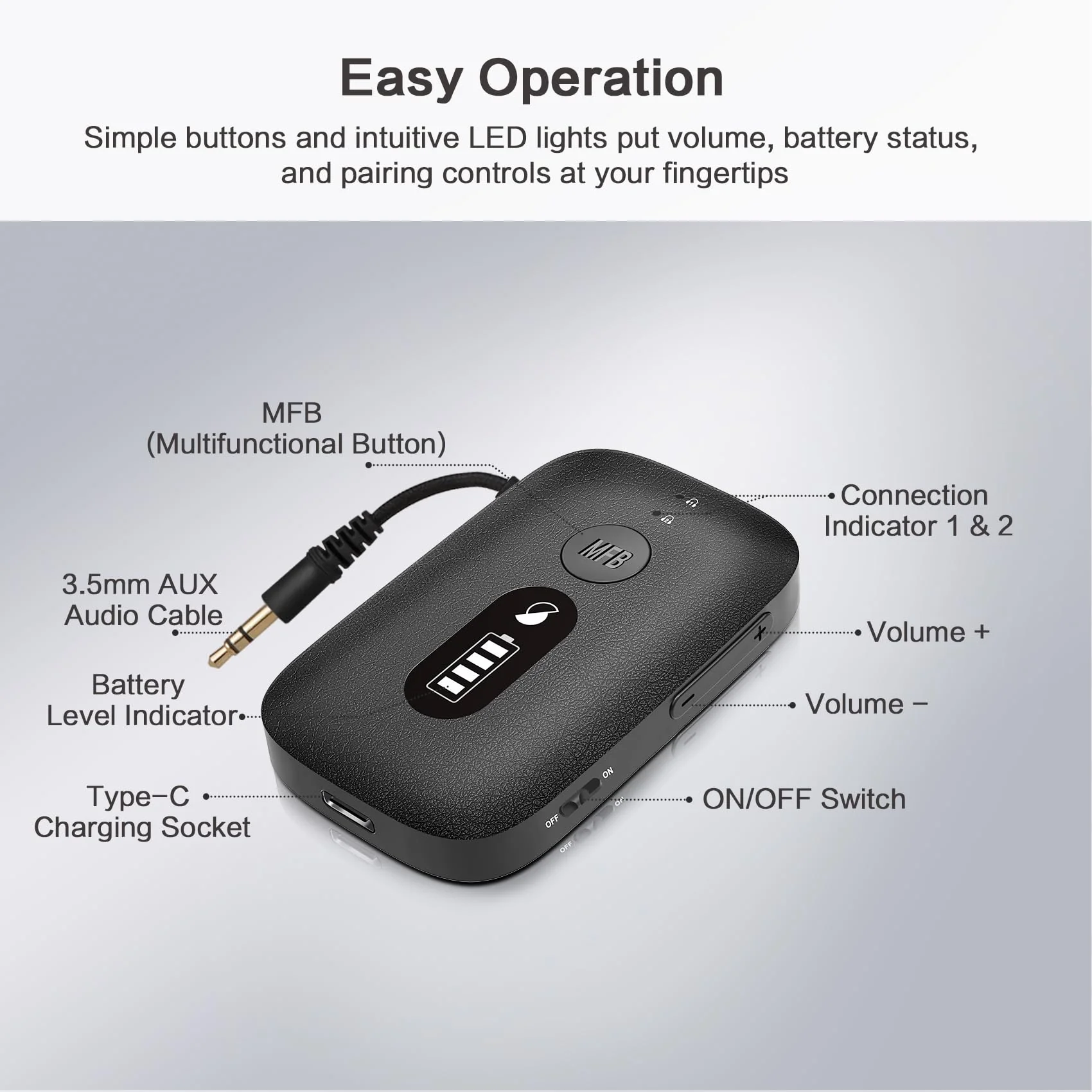 SIMOLIO Airplane-Bluetooth-Adapter for AirPods/Headphones, 20 Hr Battery, Supports 2 Earbuds/Wireless Headphones, 3.5mm AUX Wireless Audio Transmitter for TV, Gym Equipment, Controller, MP3 Player - Image 7