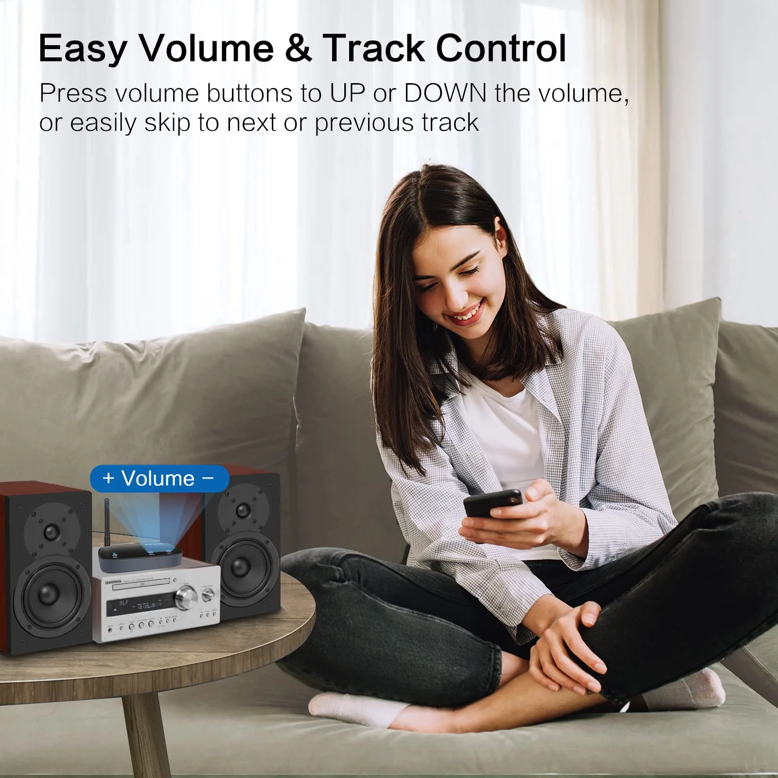 SIMOLIO Long Range Bluetooth Audio Adapter, HiFi Wireless Adapter for Home Stereo/Wired Speakers/Amplifier, Bluetooth to RCA 3.5mm AUX Receiver w/VOL Control for Music Streaming from Smartphone/Tablet Grey - Image 4