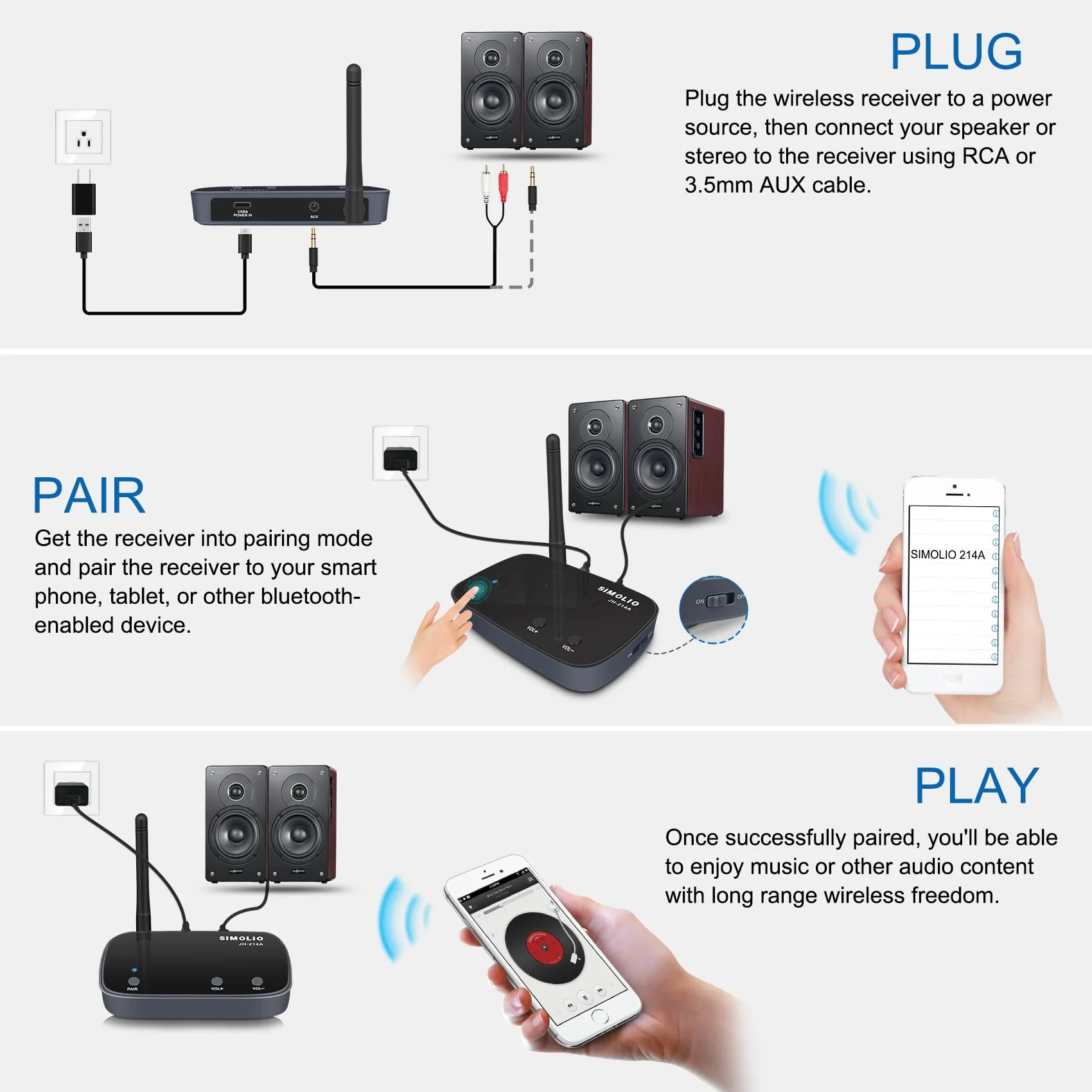 SIMOLIO Long Range Bluetooth Audio Adapter, HiFi Wireless Adapter for Home Stereo/Wired Speakers/Amplifier, Bluetooth to RCA 3.5mm AUX Receiver w/VOL Control for Music Streaming from Smartphone/Tablet Grey - Image 6