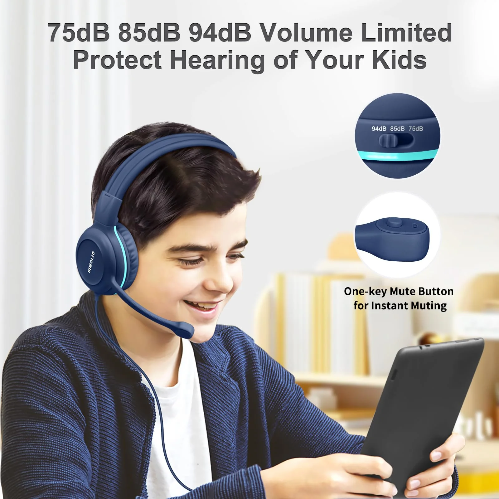 SIMOLIO Wired Headphones for School with Microphone, Stereo Kids Headphone with Flexible Swivel Boom Mic for Student K12 & Teacher & E-Learning, 3 Levels Volume Limiter Gaming Headsets for Boys, Girls Blue - Image 3