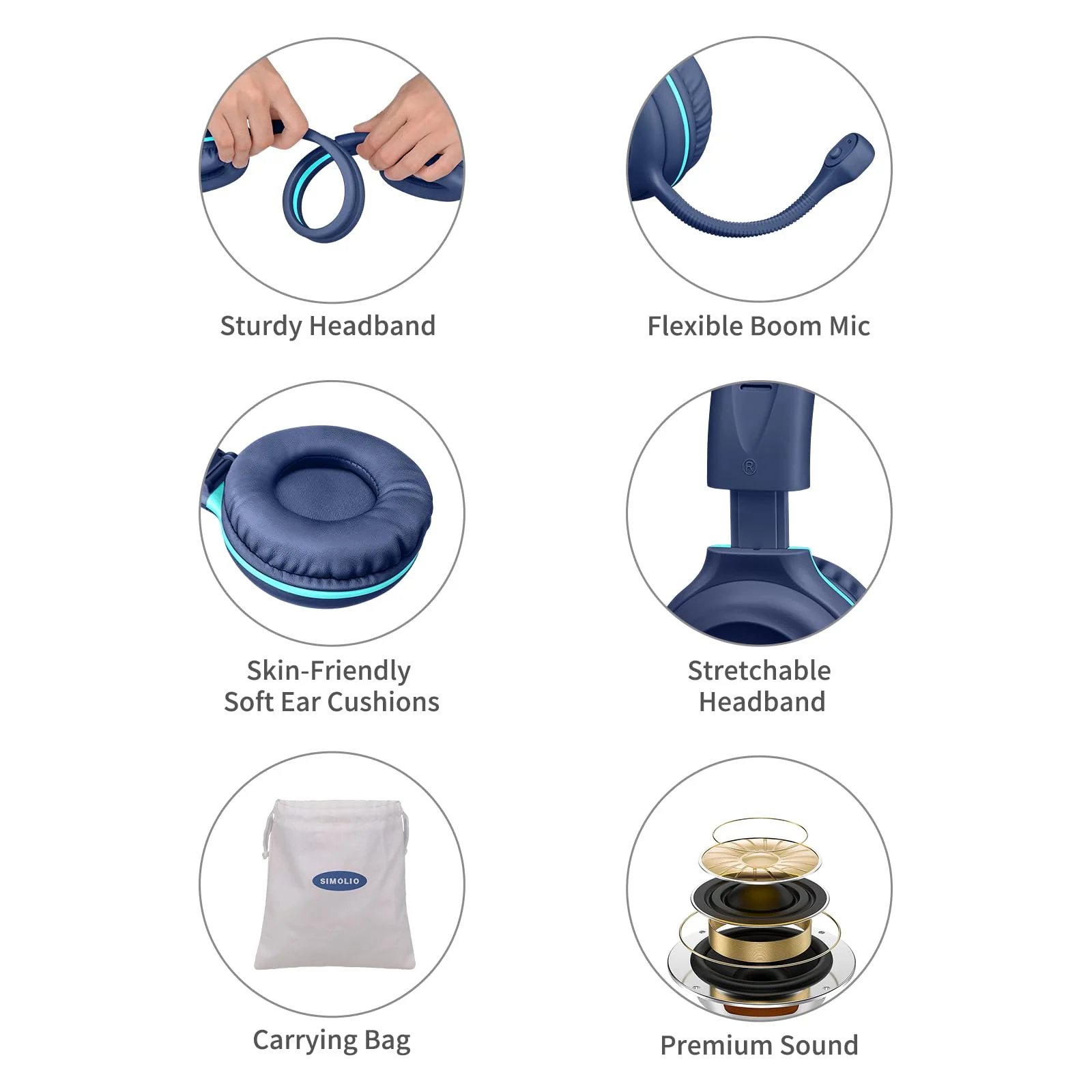 SIMOLIO Wired Headphones for School with Microphone, Stereo Kids Headphone with Flexible Swivel Boom Mic for Student K12 & Teacher & E-Learning, 3 Levels Volume Limiter Gaming Headsets for Boys, Girls Blue - Image 5