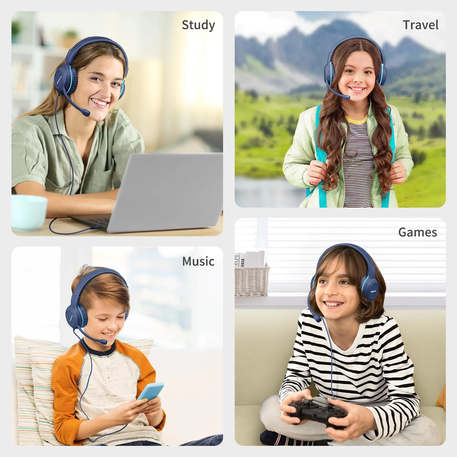 SIMOLIO Wired Headphones for School with Microphone, Stereo Kids Headphone with Flexible Swivel Boom Mic for Student K12 & Teacher & E-Learning, 3 Levels Volume Limiter Gaming Headsets for Boys, Girls Blue - Image 7