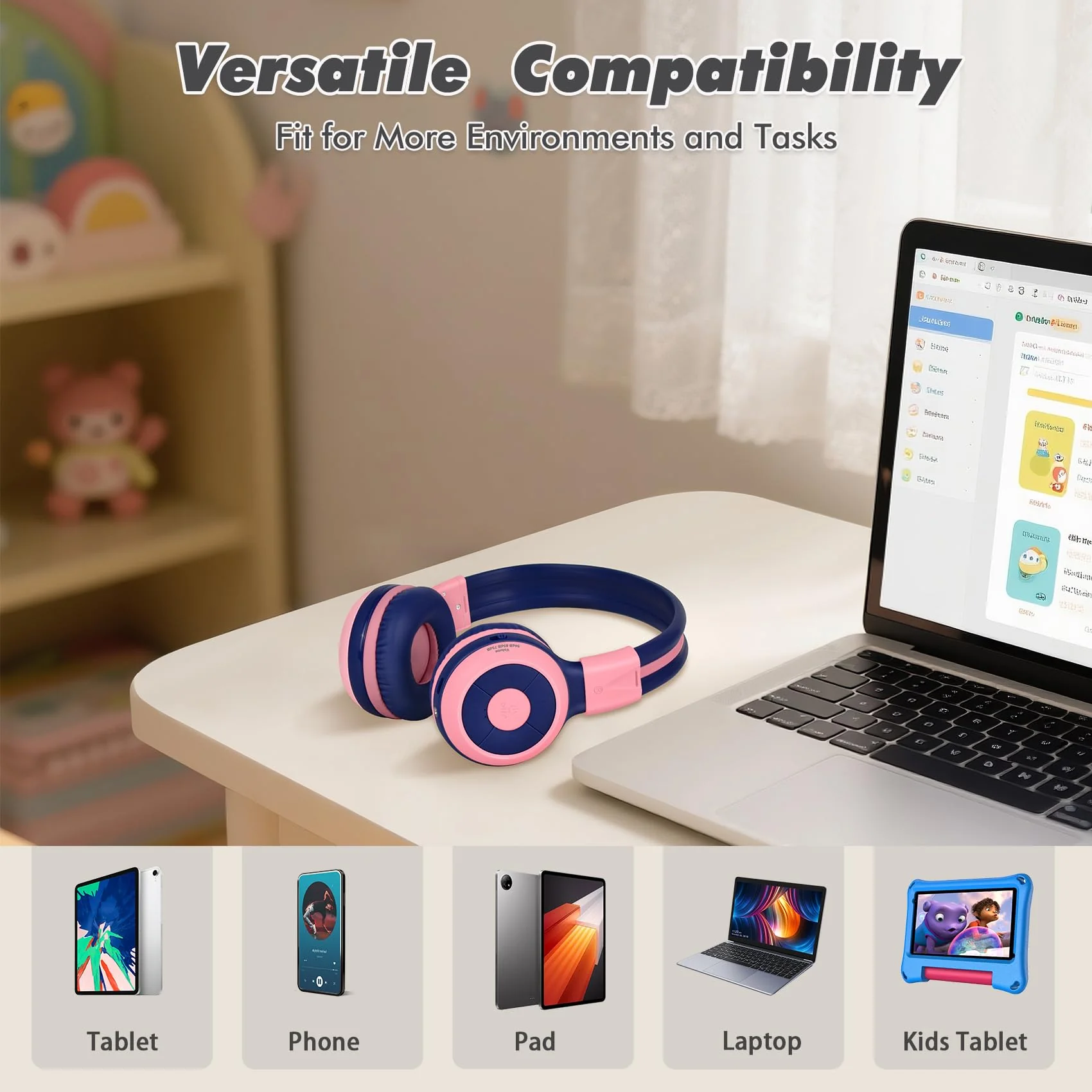 SIMOLIO Wireless Headphones Girls, Bluetooth Foldable Childrens Headphones with Mic and Volume Limited, Over-Ear Stereo Headset for Fire Tablet iPad School Travel Airplane Cellphones, Wired Mode Pink Bubblegum Pink - Image 4