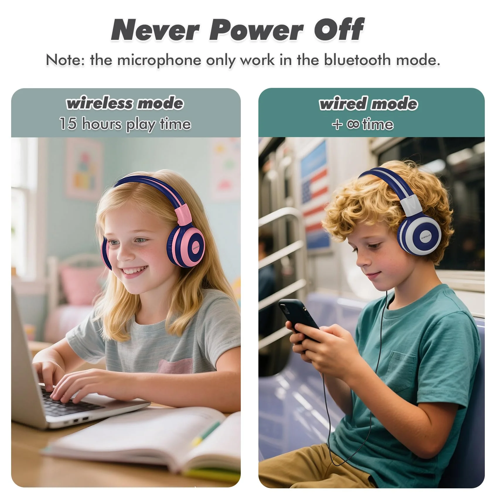 SIMOLIO Wireless Headphones Girls, Bluetooth Foldable Childrens Headphones with Mic and Volume Limited, Over-Ear Stereo Headset for Fire Tablet iPad School Travel Airplane Cellphones, Wired Mode Pink Bubblegum Pink - Image 5