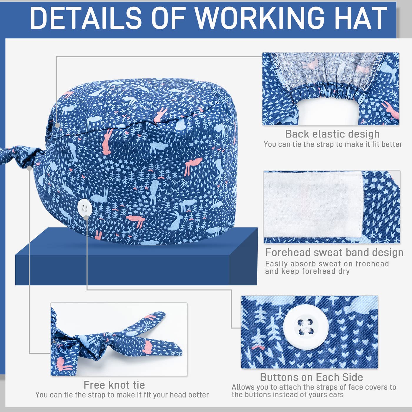 SIMYJOY Op Hood Fabric Women's Scrubbing Cap Printed Hat with Button Cotton Sweatband Adjustable Full Hair Cover One Size c - Image 6
