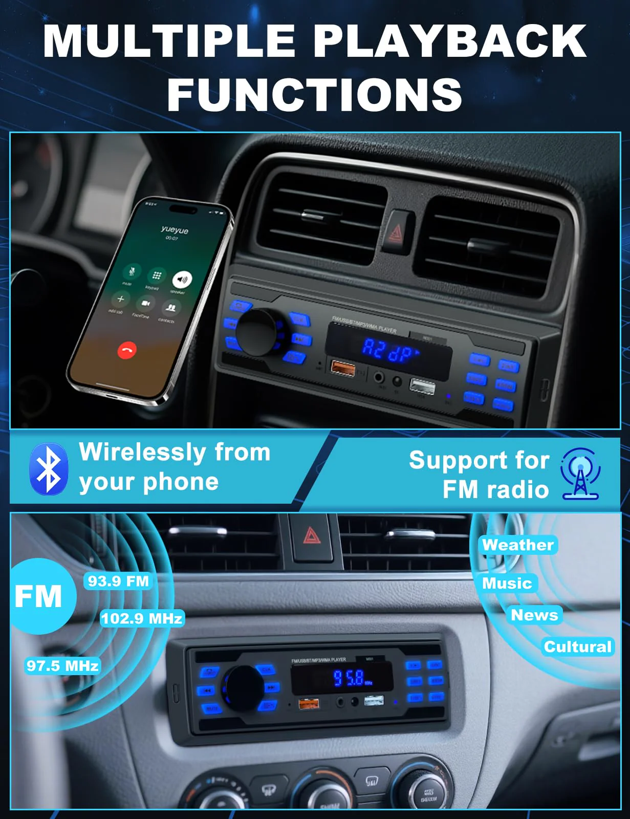 Single DIN Bluetooth Car Stereo, Handsfree Car Radio Receiver & Car Audio System | Dual USB Ports/FM/AUX/MP3/EQ/USB Charging | Universal Fit for Cars Trucks SUV - Image 3