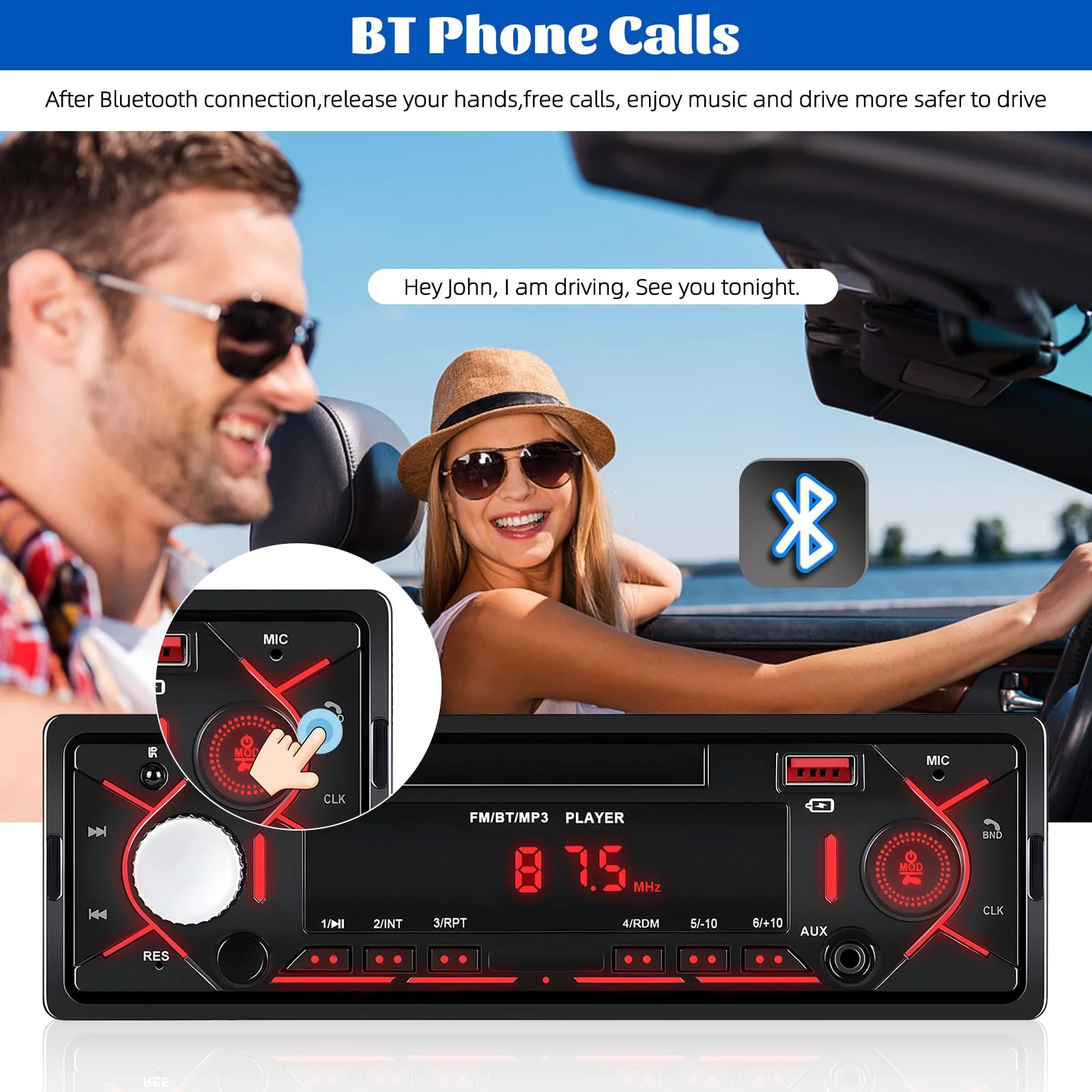 Single Din Bluetooth Multimedia Car Stereo Radio,Car Audio MP3 Player Support Hands-Free Calls/USB/FM/TF/AUX-in,Car Radio Receivers with Digital LCD Display - Image 2